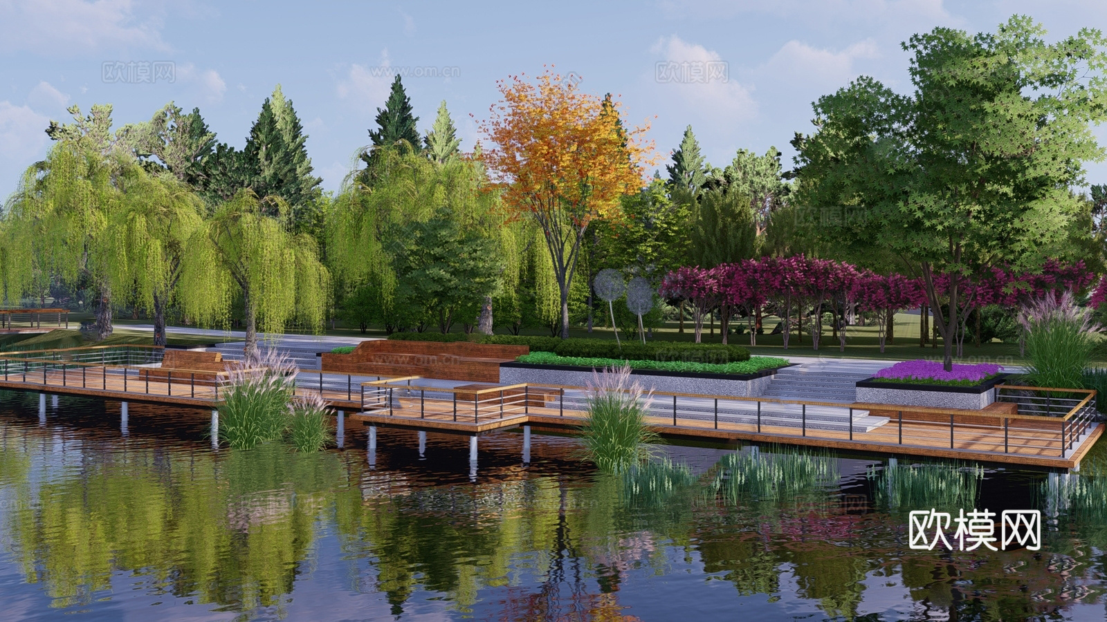 现代滨水景观 河岸景观 滨水景观公园 滨江栈道景观su模型