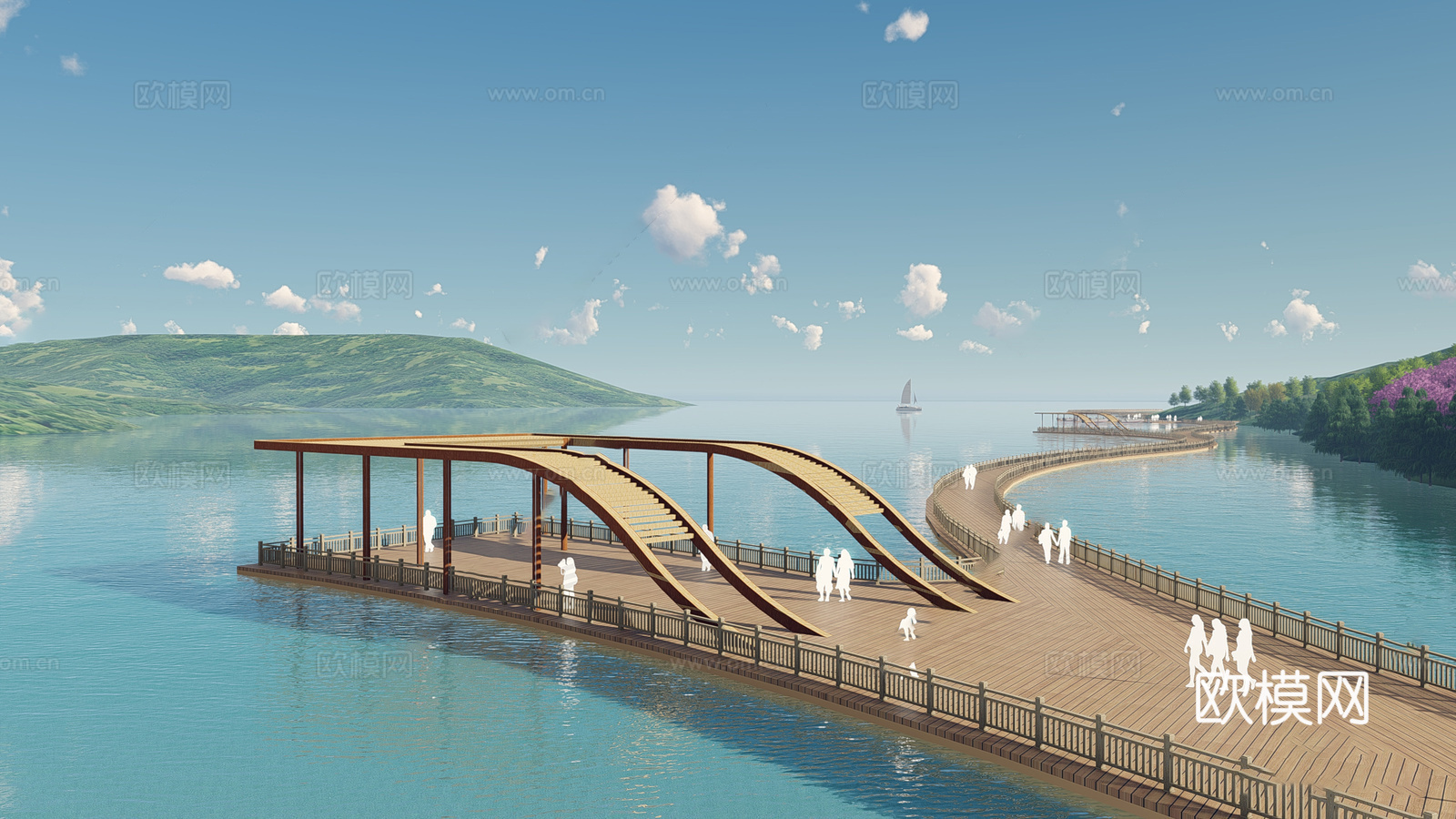 现代滨水景观 河岸景观 滨水景观公园 滨江栈道景观su模型