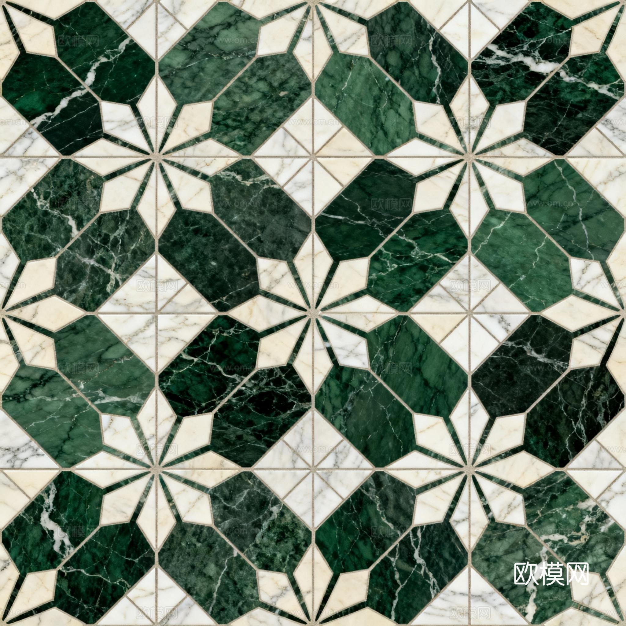绿白色石材拼花 格子几何图案水切刀拼花石材 绿色石材马赛克