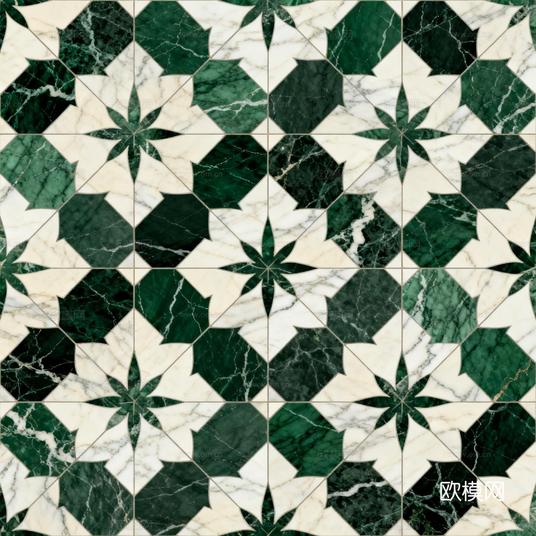 绿白色石材拼花 格子几何图案水切刀拼花石材 绿色石材马赛克