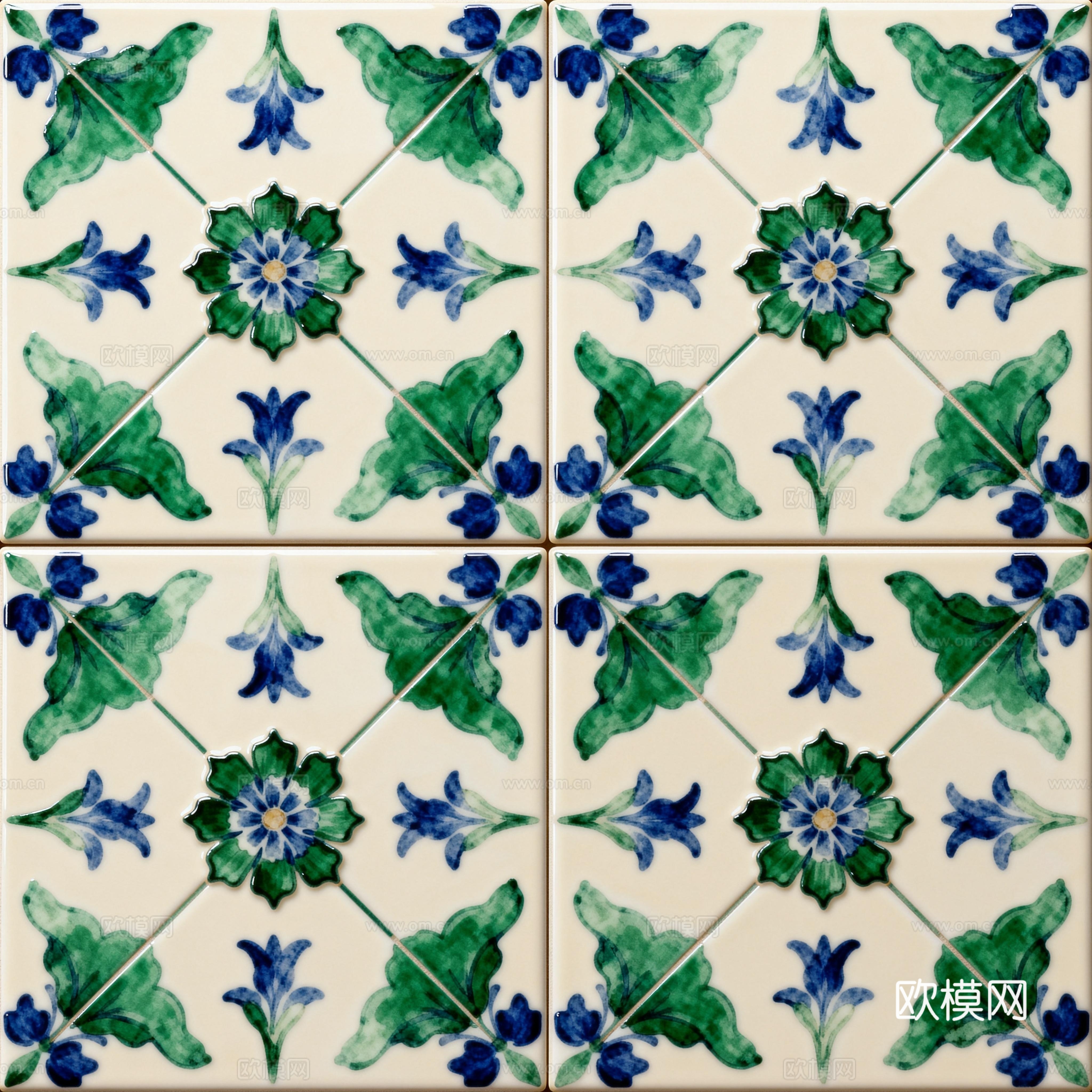 蓝绿色花砖 绿色手绘艺术花砖 工艺砖 花纹图案花砖