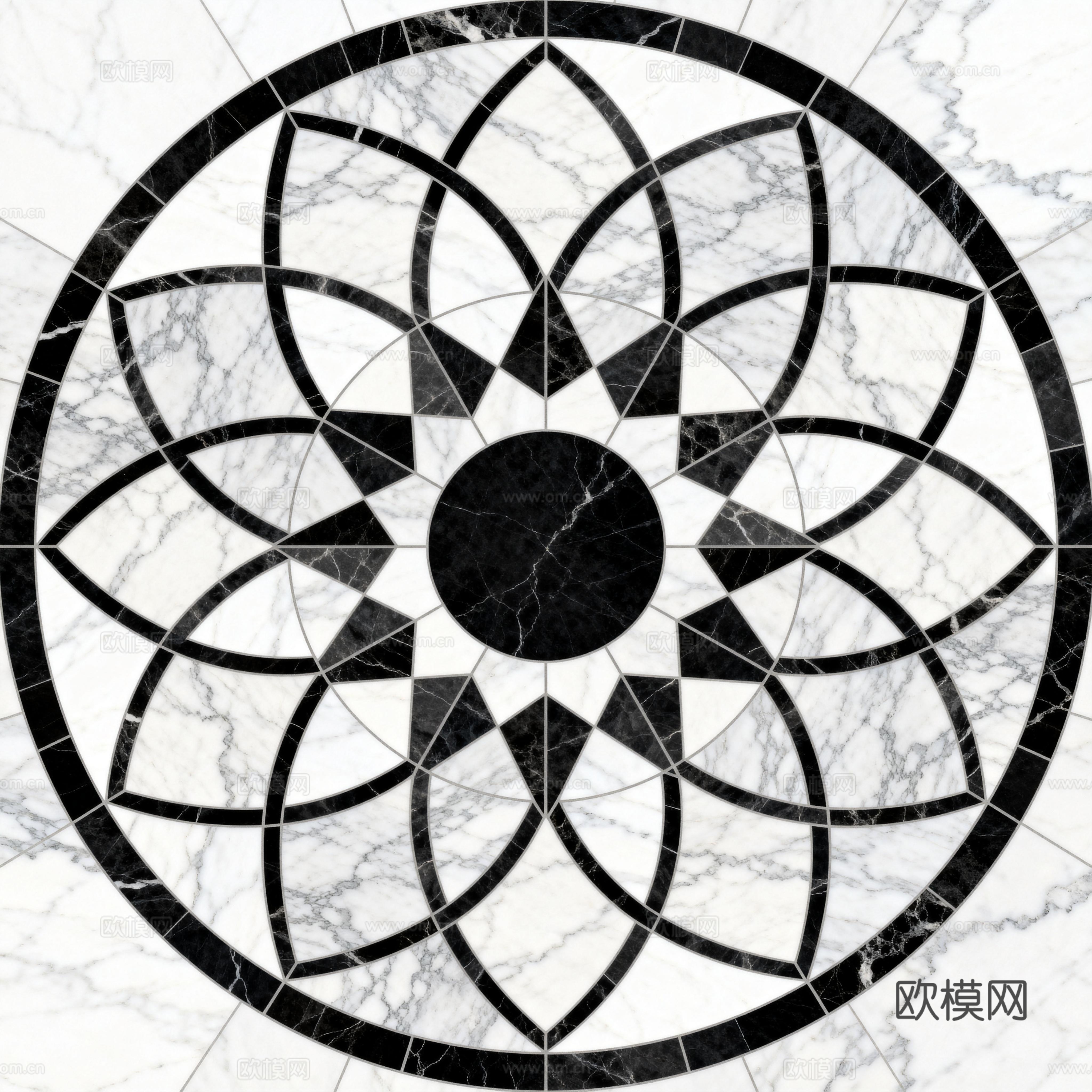 轻奢黑白拼花大理石 黑白石材圆形拼花 玄关圆形拼花