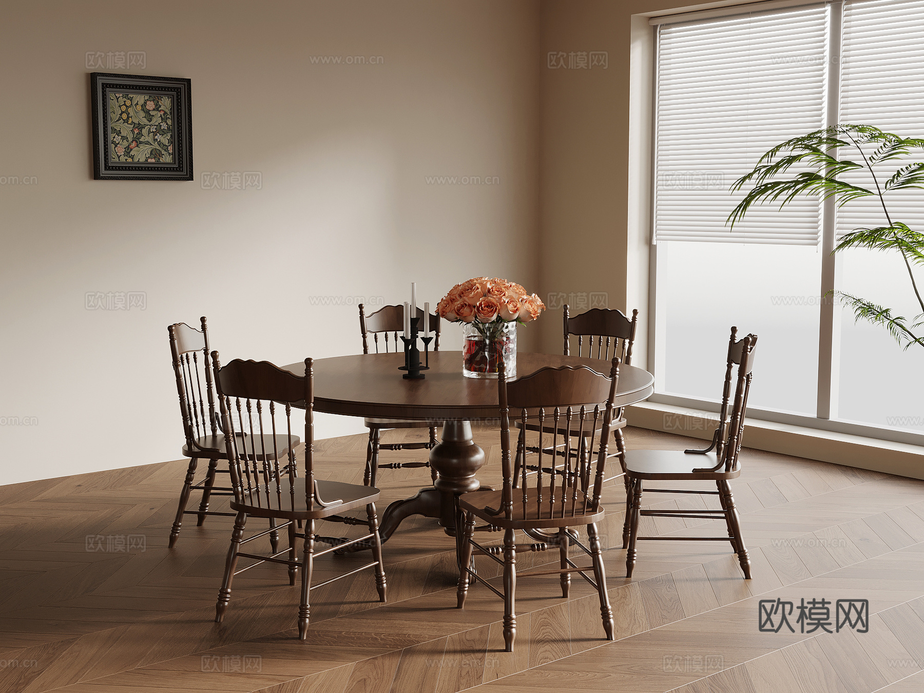 中古风餐桌椅 圆形餐桌su模型