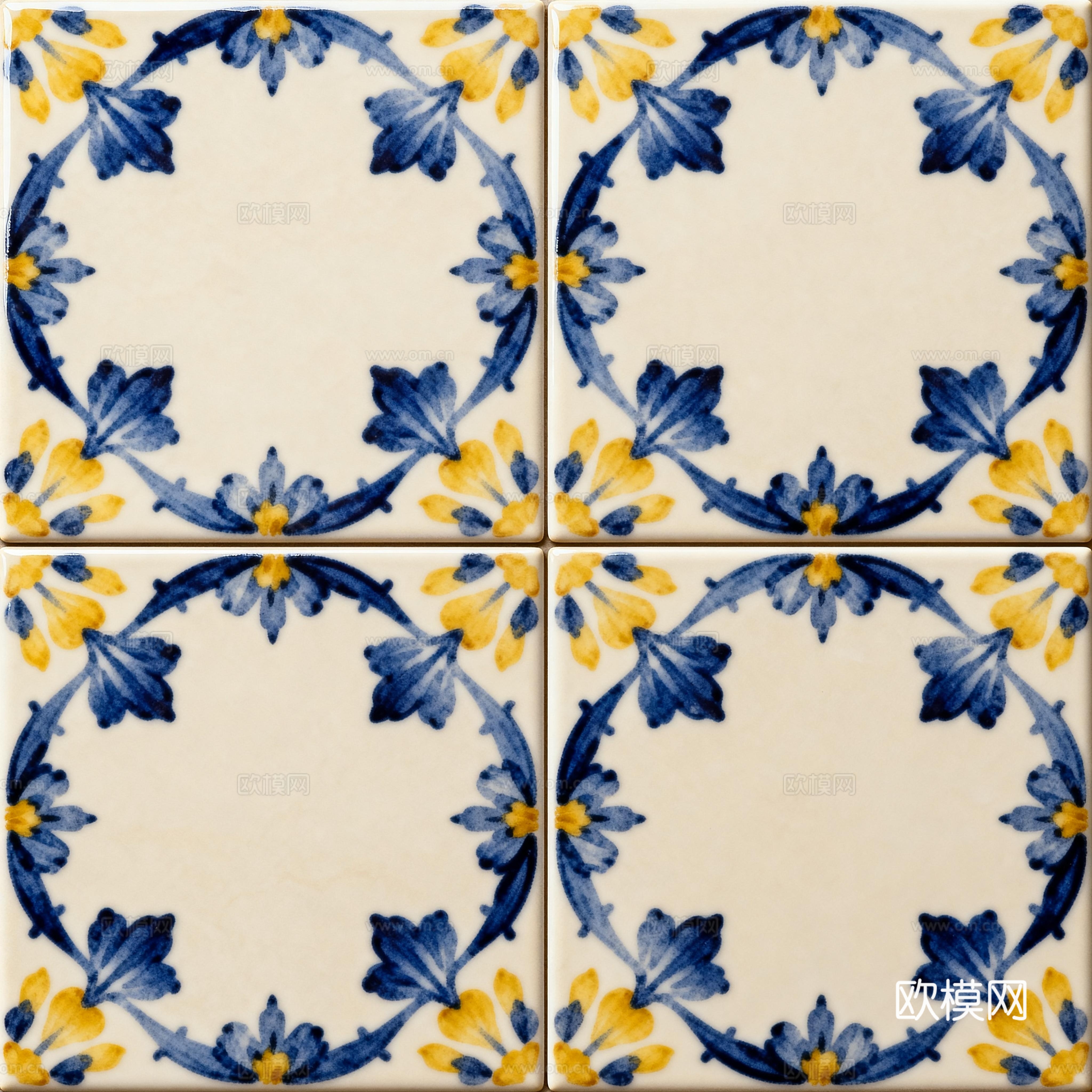蓝黄色花砖 蓝色手绘艺术花砖 工艺砖 花纹图案花砖
