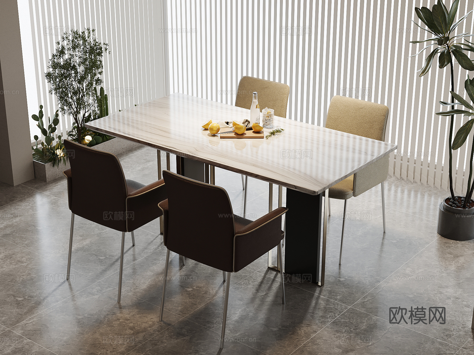 现代餐桌椅 条形餐桌su模型