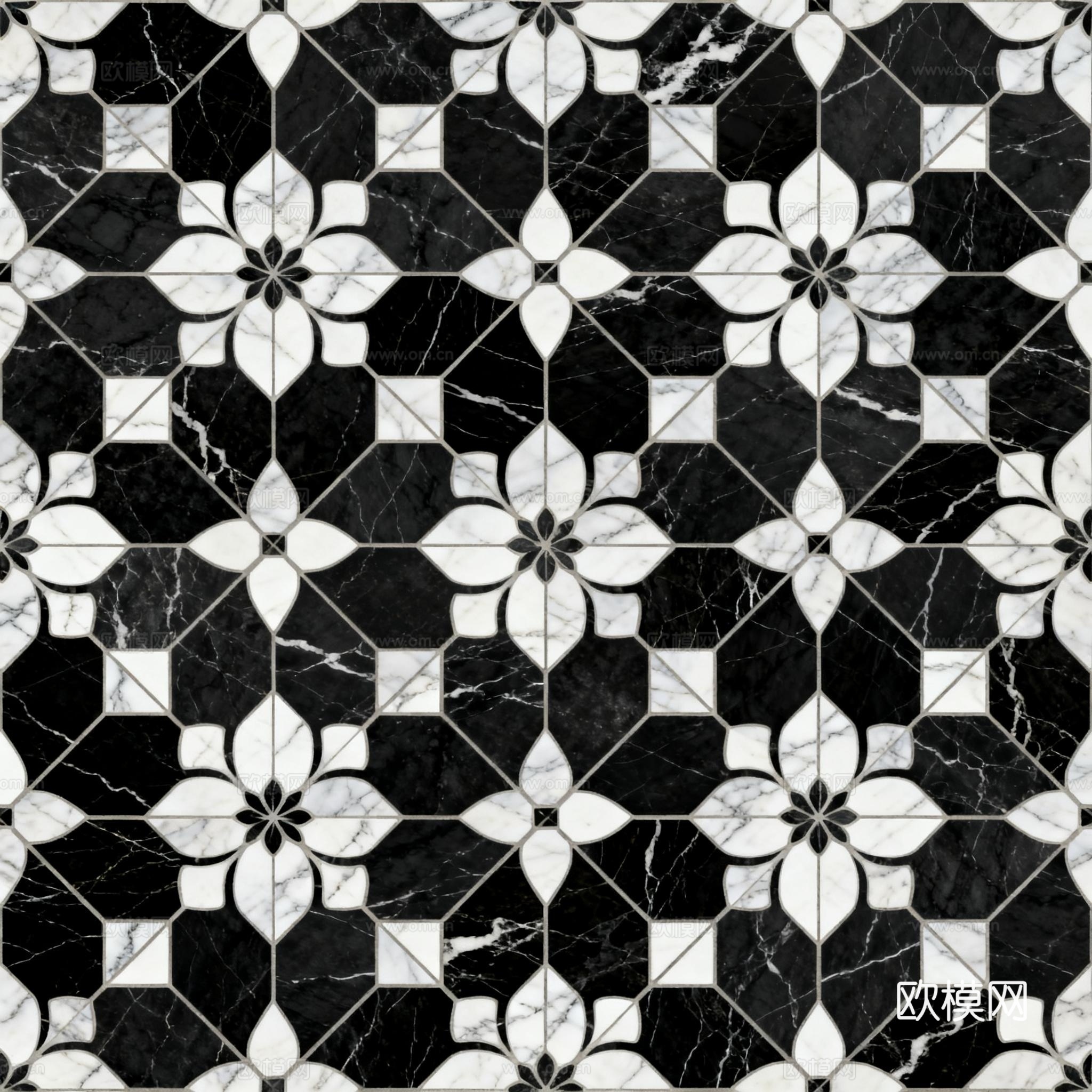 花砖 黑白石材拼花 花卉几何图案水刀石材拼花地砖 石材马赛克下载