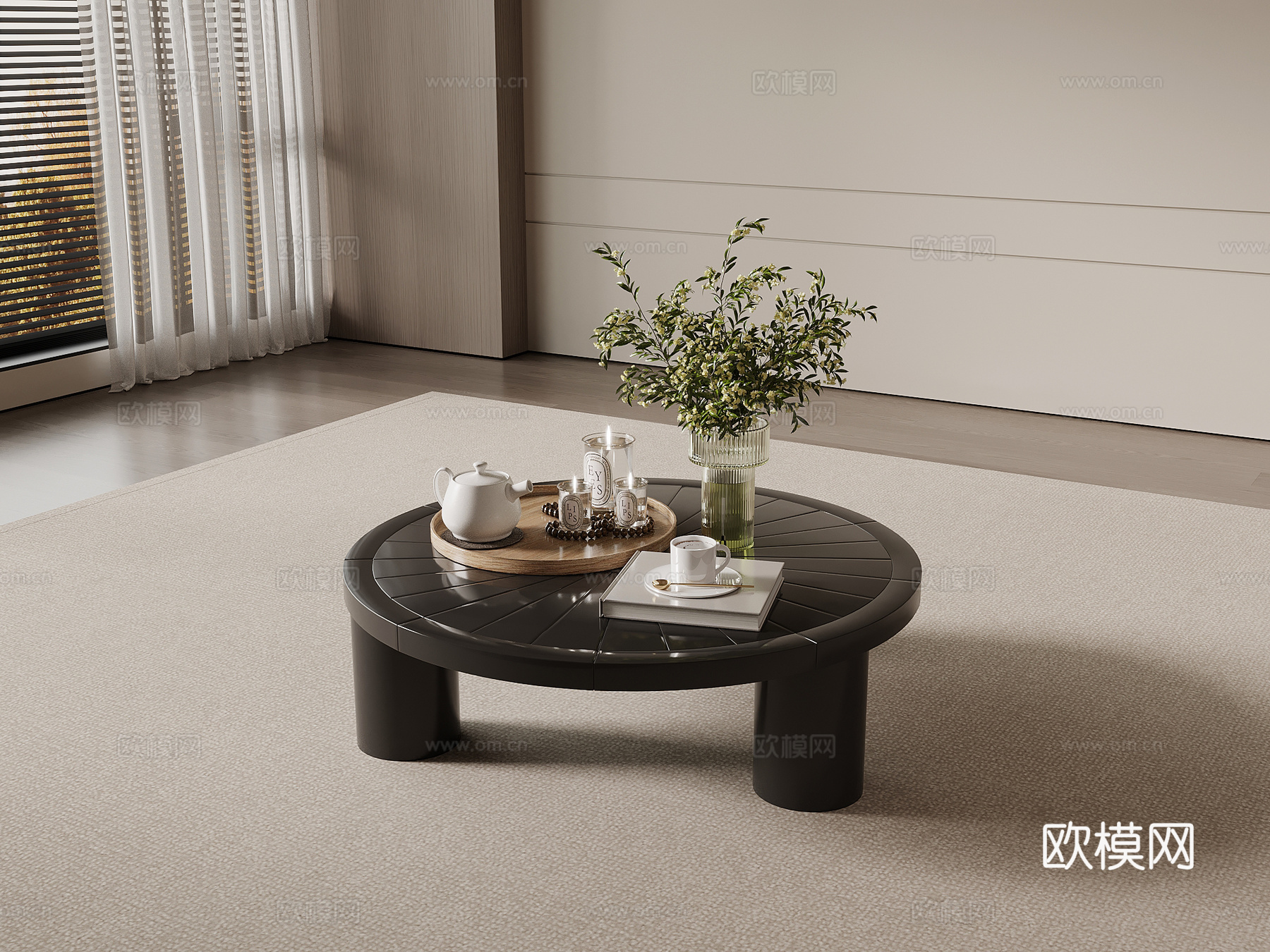 法式复古风茶几 实木茶几 圆形茶几su模型