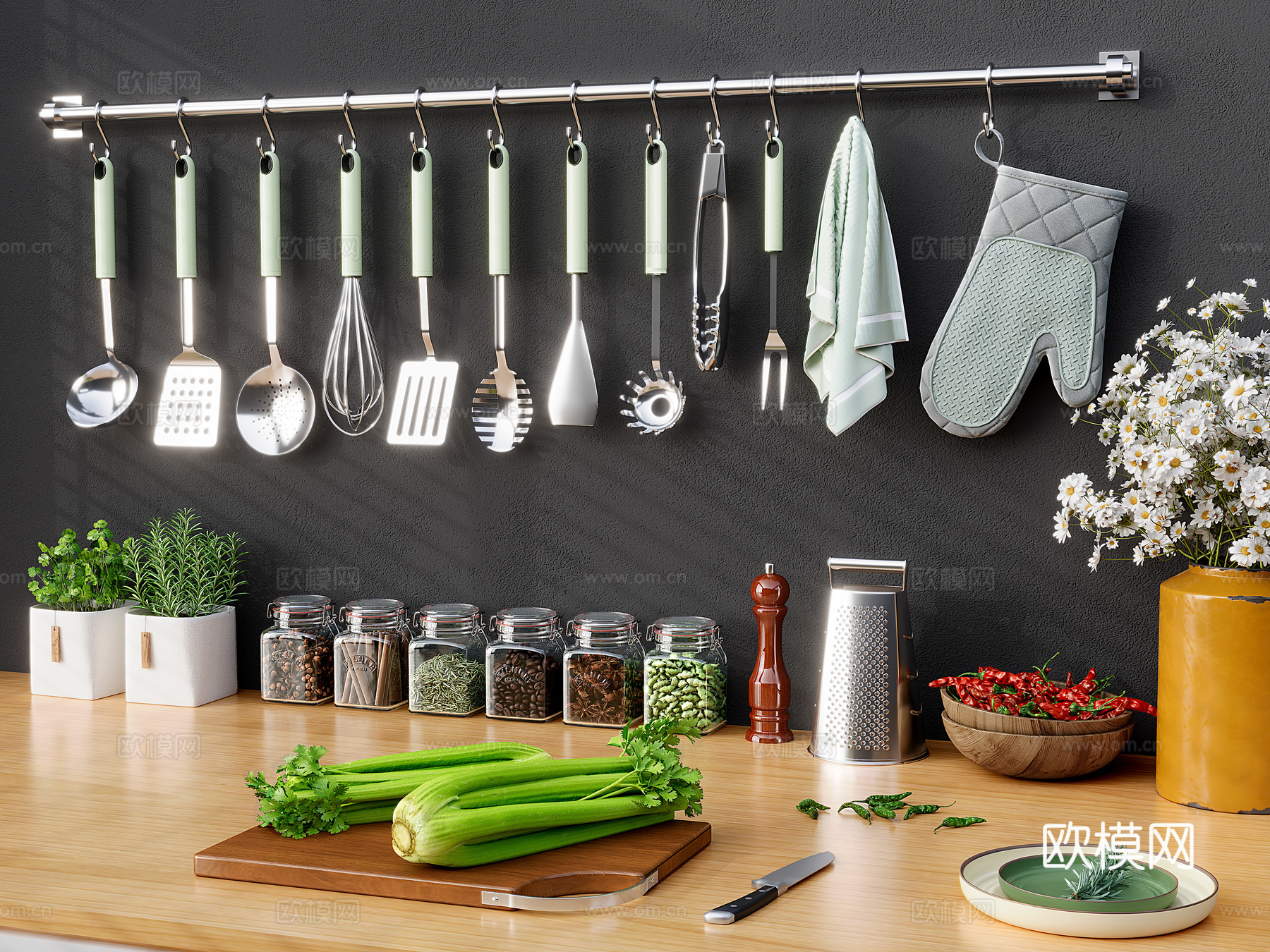 现代厨房用品  厨具  餐具组合  厨房 电商小场景3d模型下载