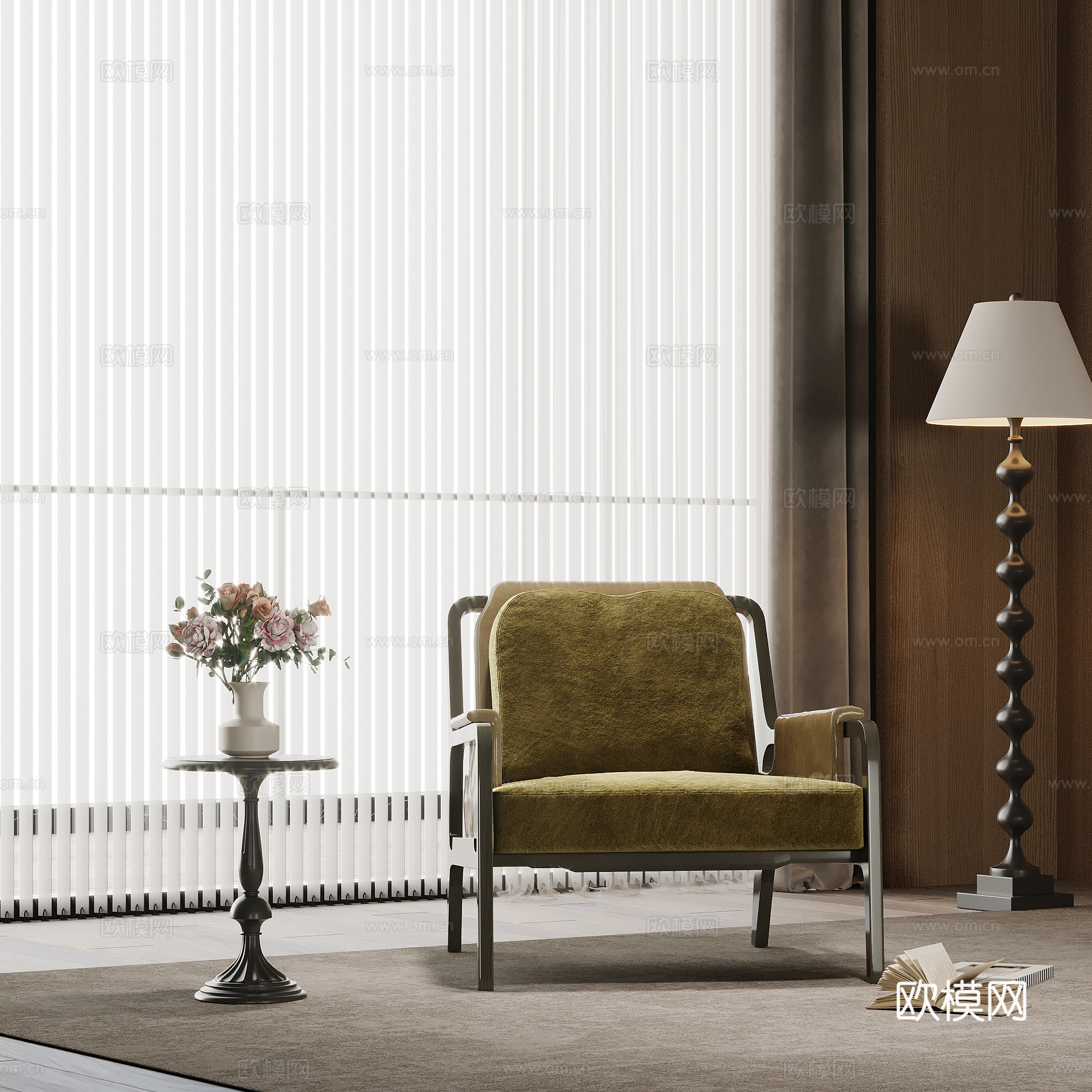 法式复古风休闲椅 边几 落地灯su模型