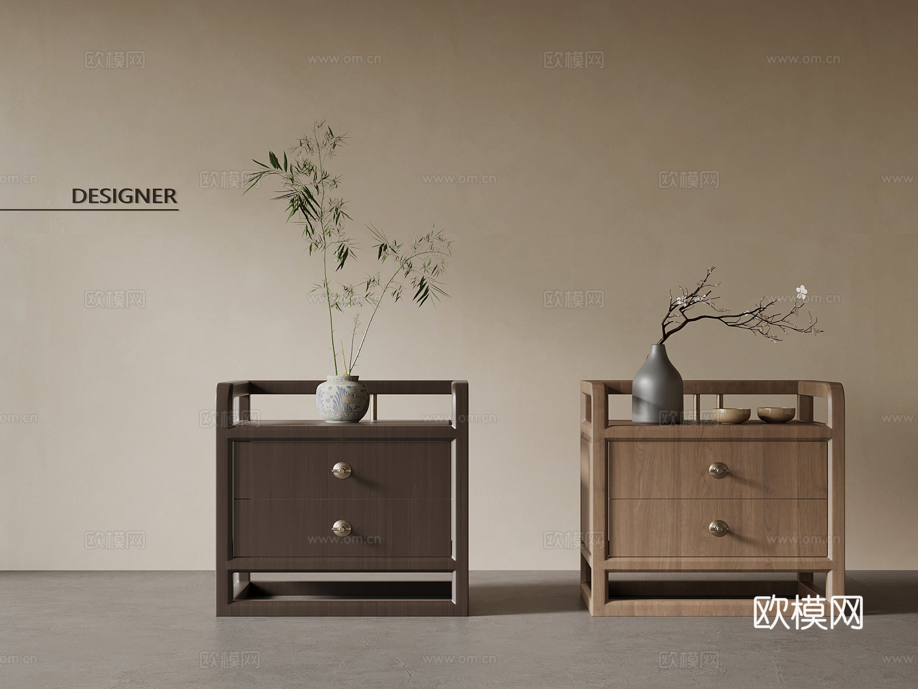 新中式床头柜 实木床头柜su模型