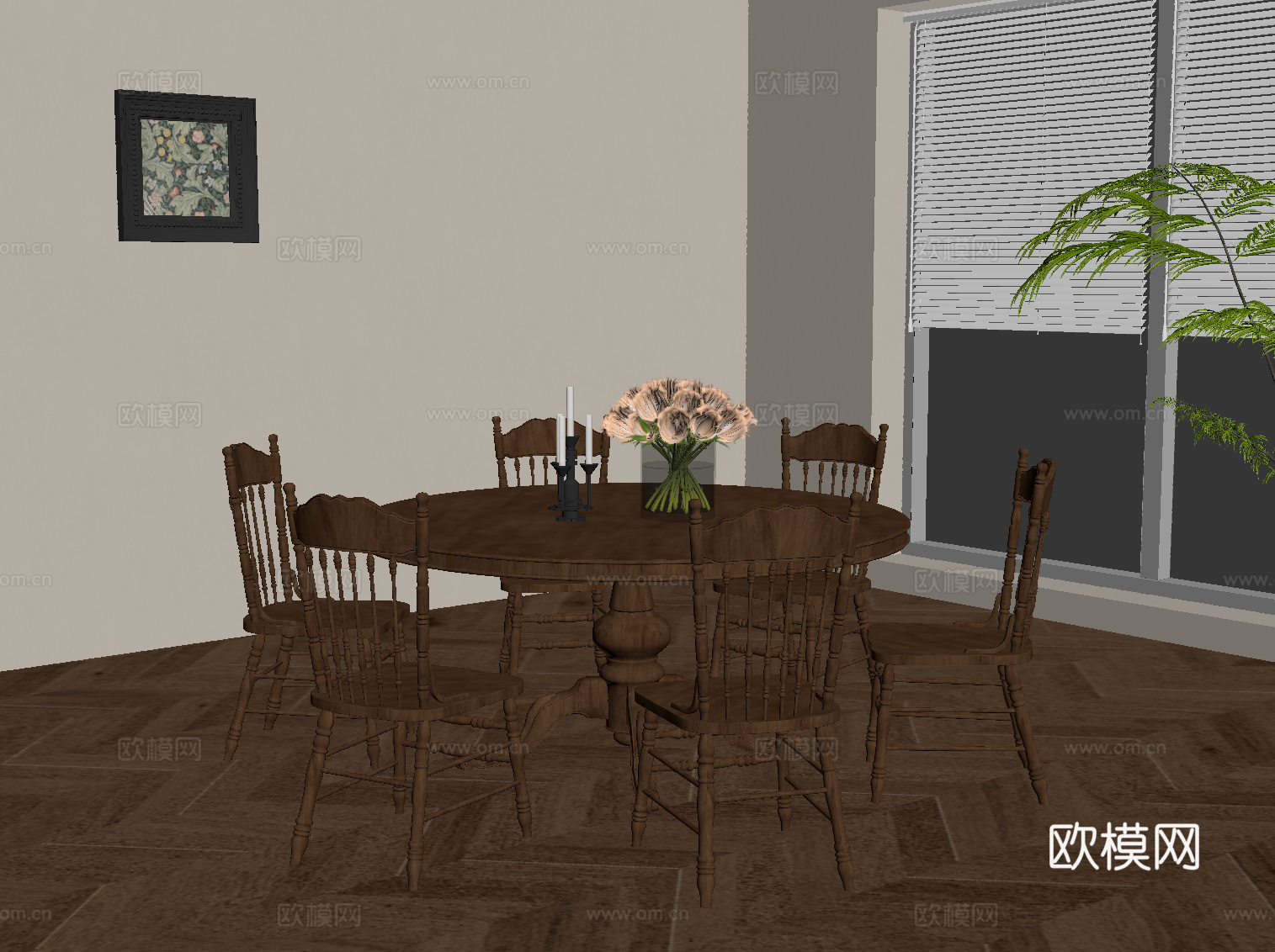 中古风餐桌椅 圆形餐桌su模型