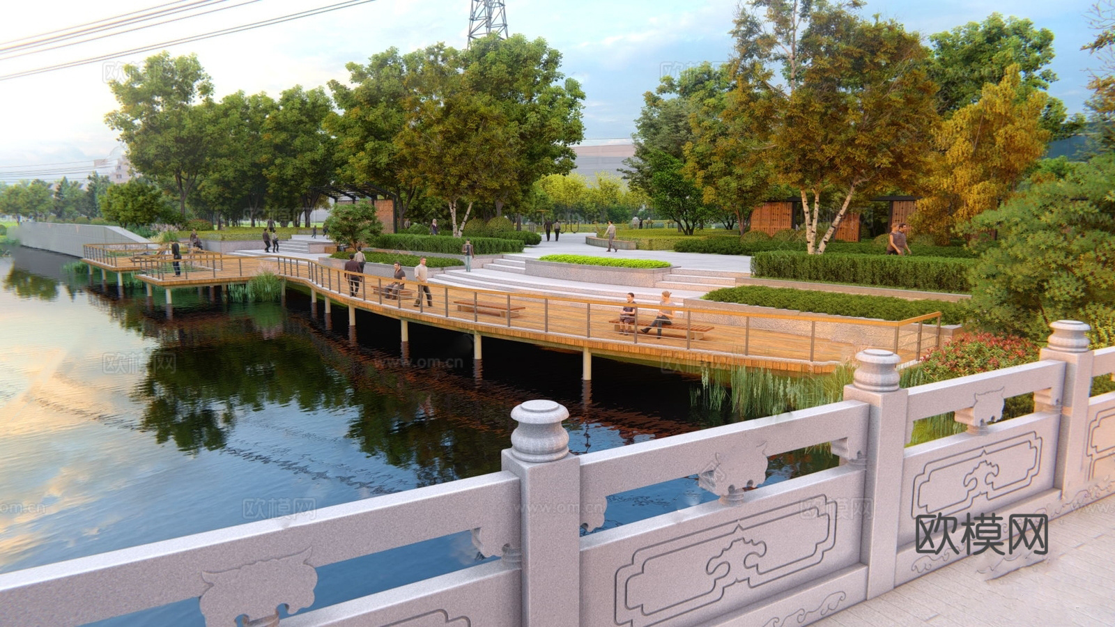 现代滨水景观 河岸景观 滨水景观公园 滨江栈道景观su模型