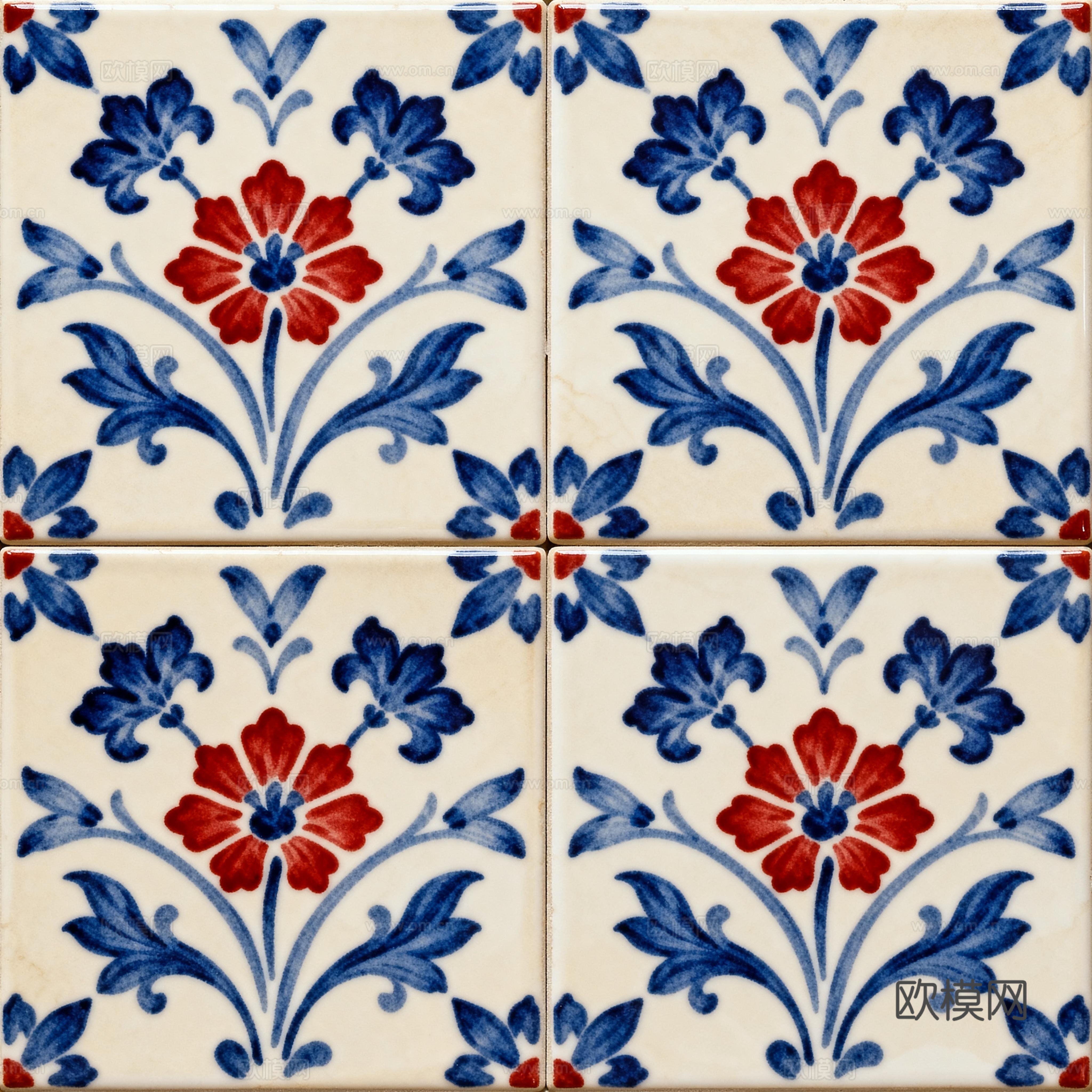 蓝红色花砖 蓝色手绘艺术花砖 工艺砖 花纹图案花砖