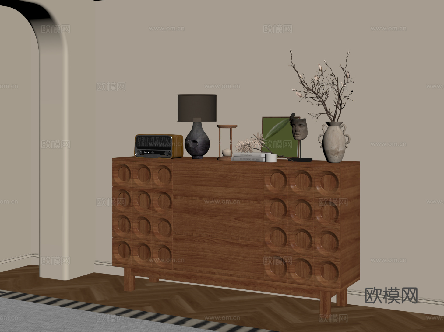 中古风餐边柜 复古斗柜 储物柜 收纳柜 玄关柜su模型