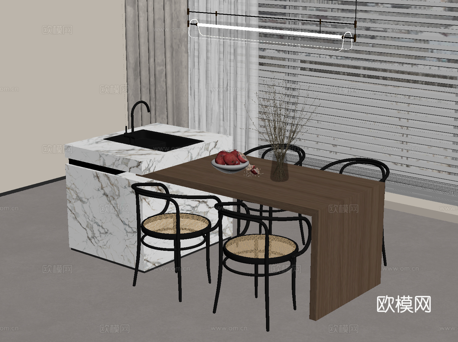 中古风岛台 餐桌椅su模型