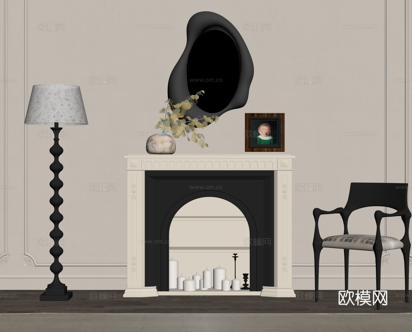 法式复古风壁炉 落地灯 休闲椅su模型