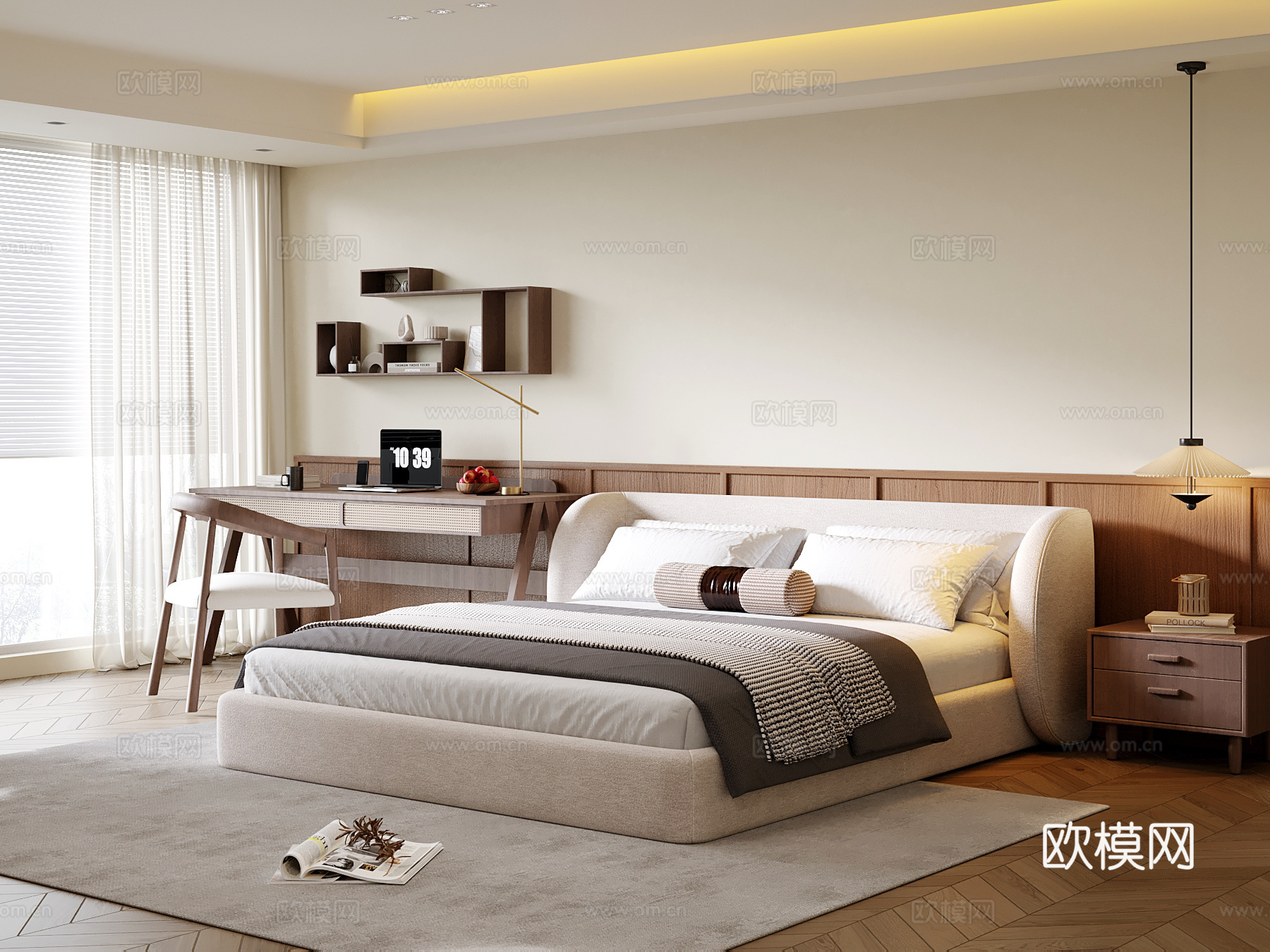 中古风卧室 双人床 书桌椅su模型