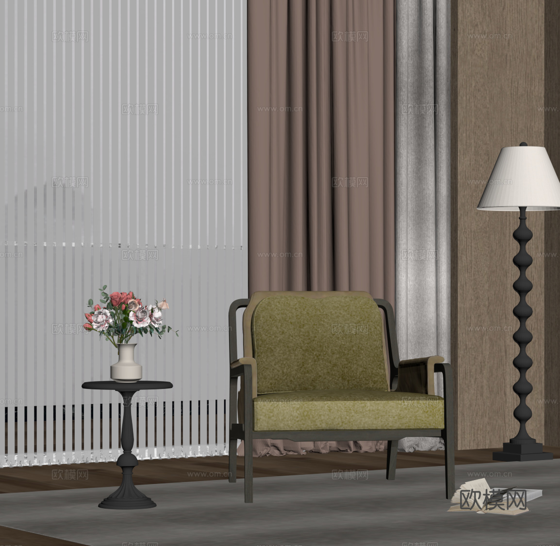 法式复古风休闲椅 边几 落地灯su模型