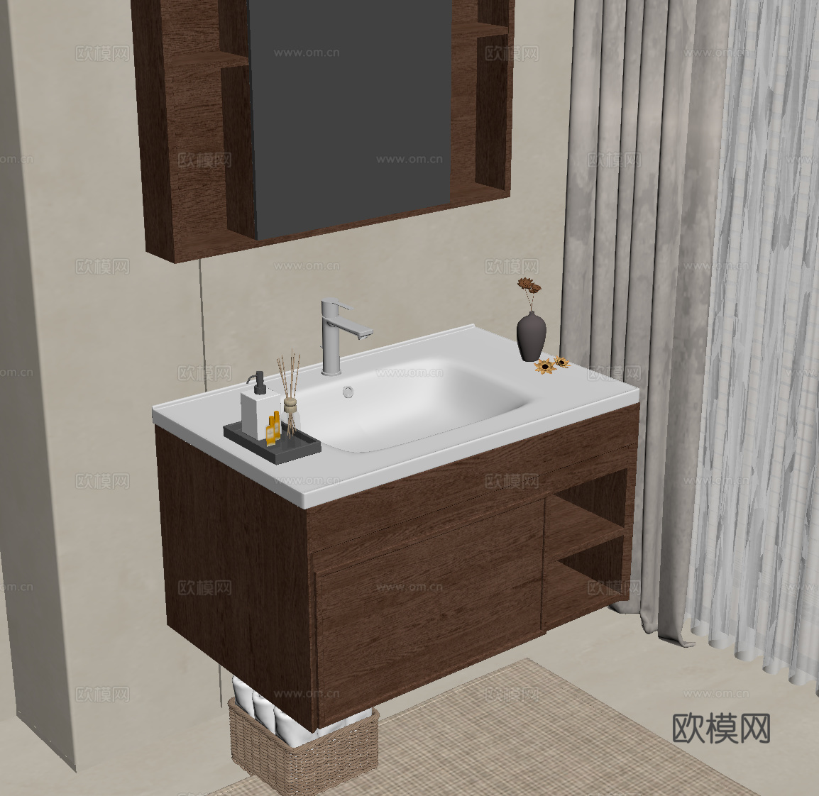 中古风浴室柜 洗手台su模型