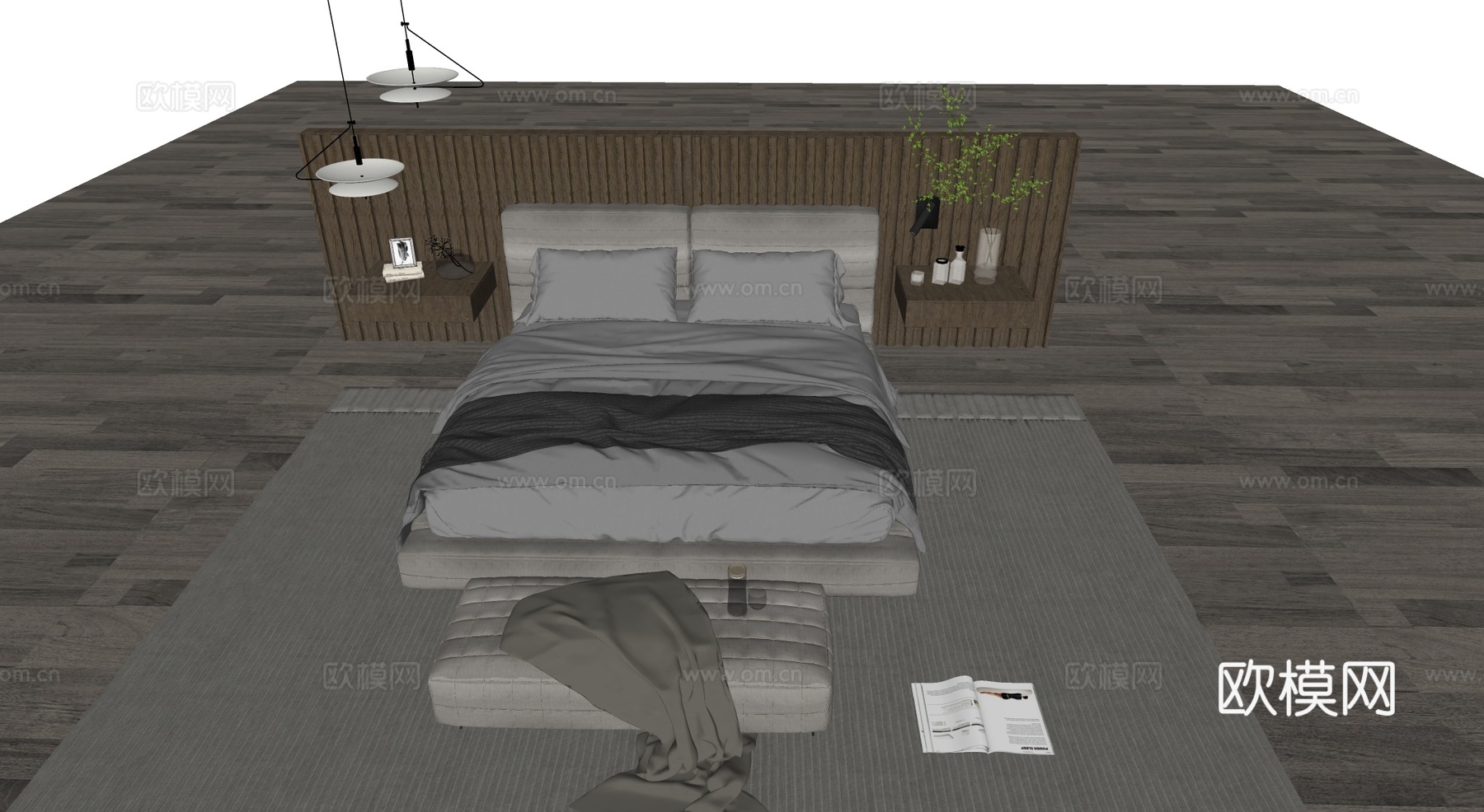 浅灰色软包床 悬浮式床头柜 深色竖条木纹床头 墙软包脚凳 床su模型