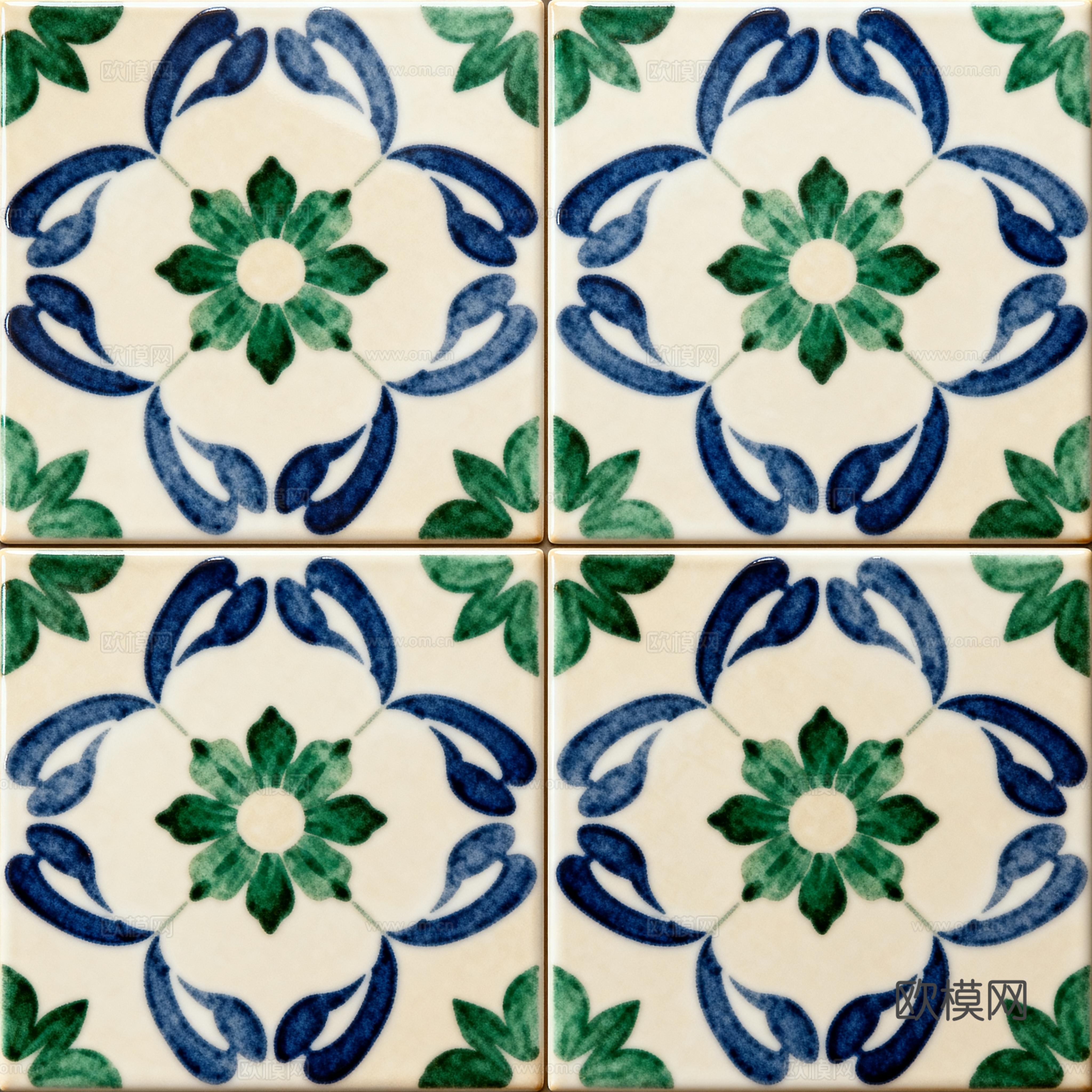 蓝绿色花砖 绿色手绘艺术花砖 工艺砖 花纹图案花砖