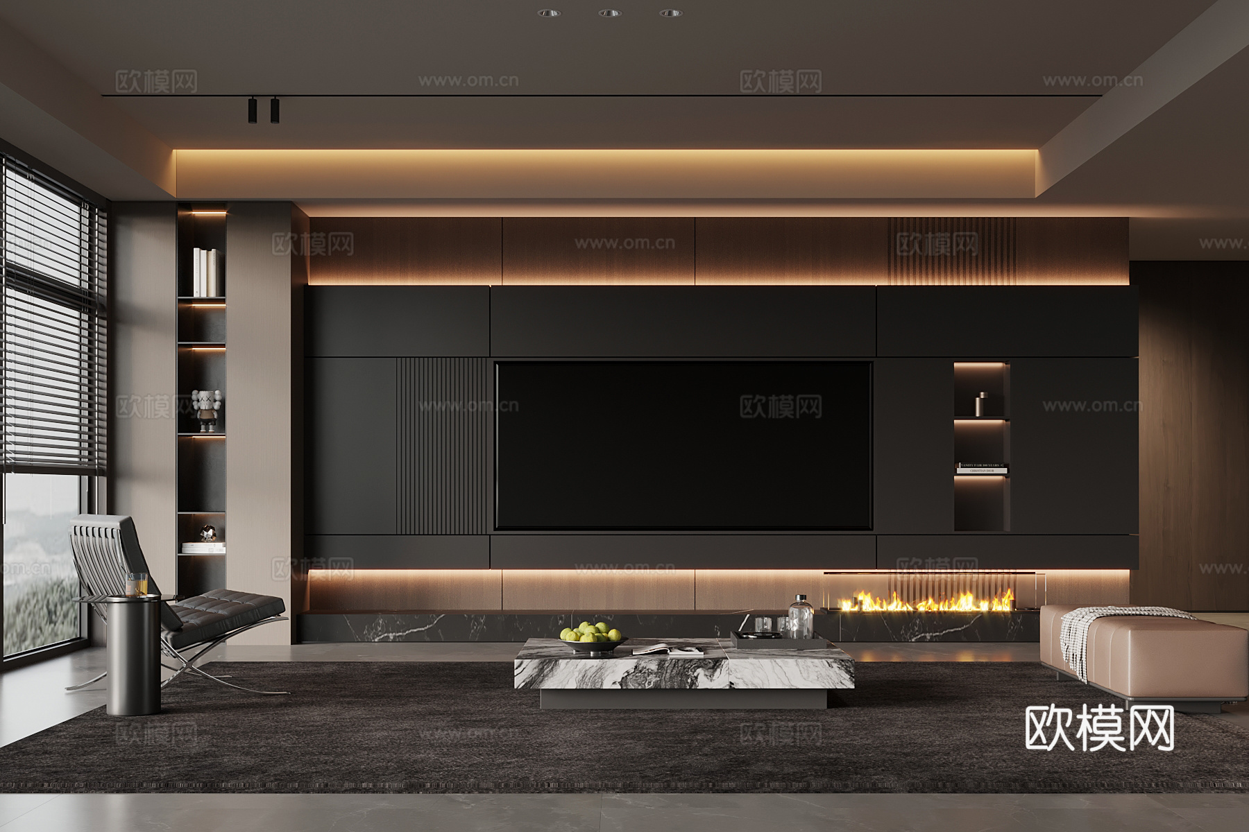 现代意式客厅 电视背景墙 电视柜 沙发茶几组合su模型