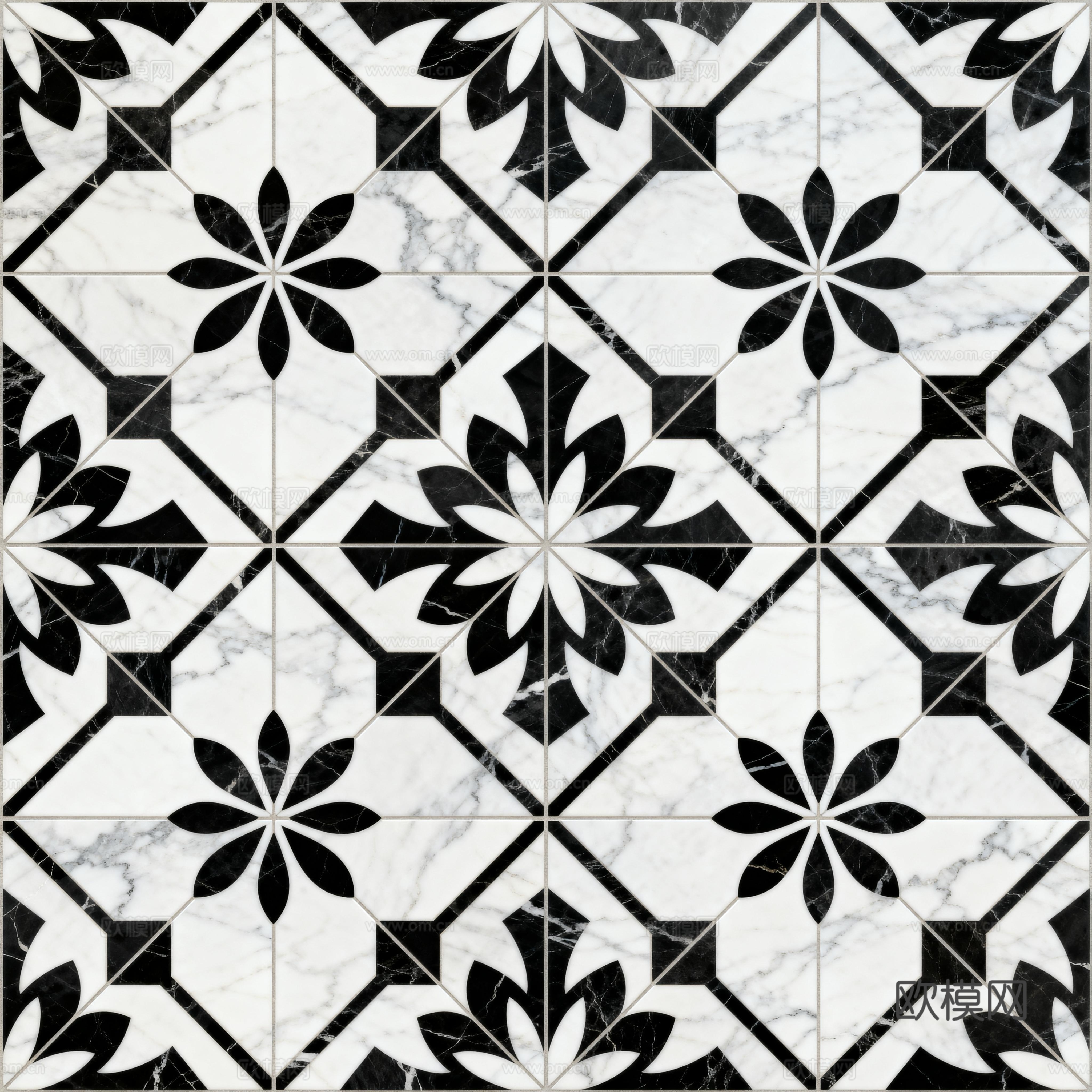 花砖 黑白石材拼花 花卉几何图案水刀石材拼花地砖 石材马赛克