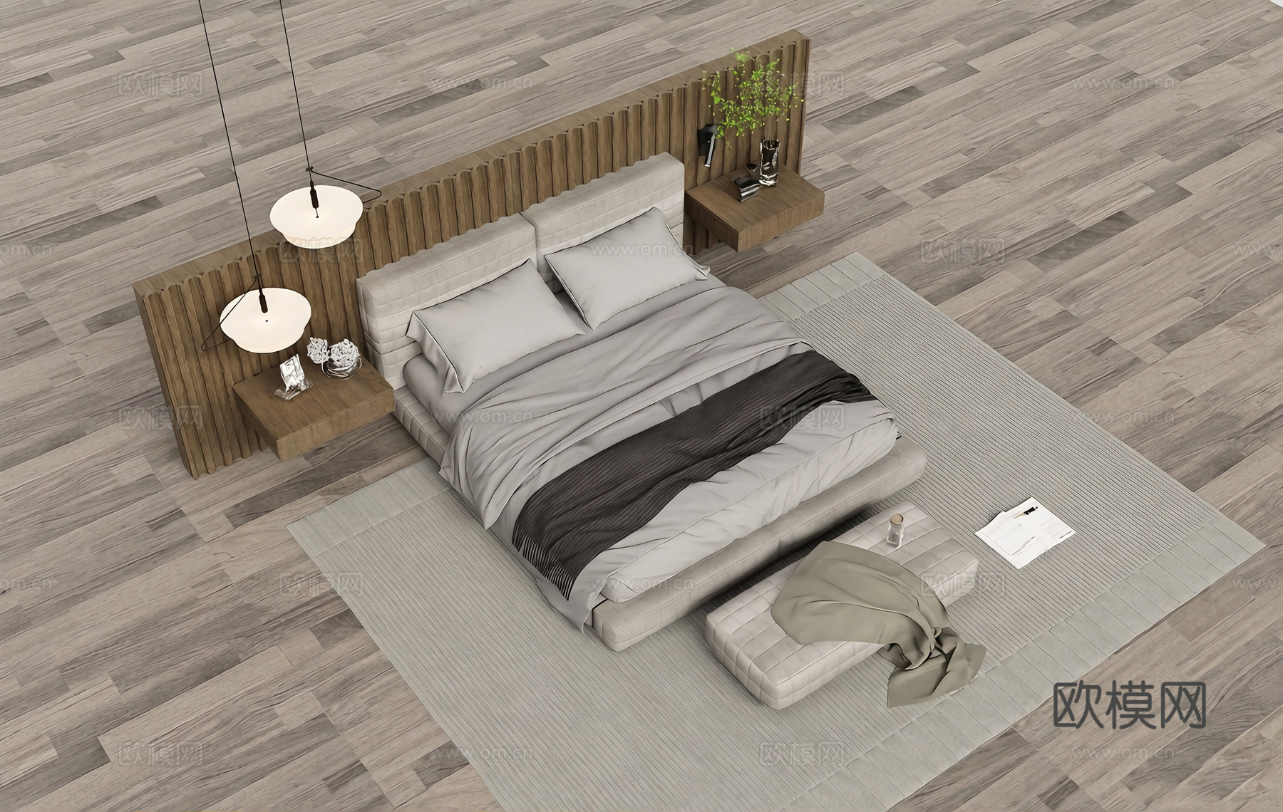 浅灰色软包床 悬浮式床头柜 深色竖条木纹床头 墙软包脚凳 床su模型