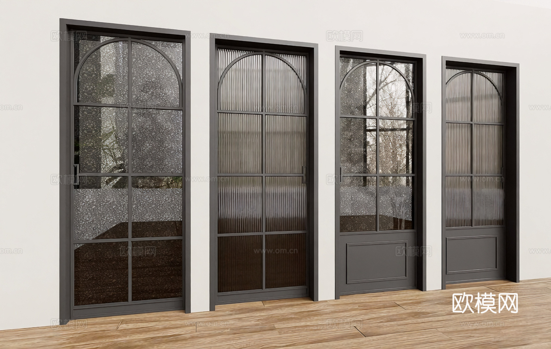 现代简约拱形门 隔断门 长虹玻璃门 黑色金属门框 竖条纹玻璃su模型