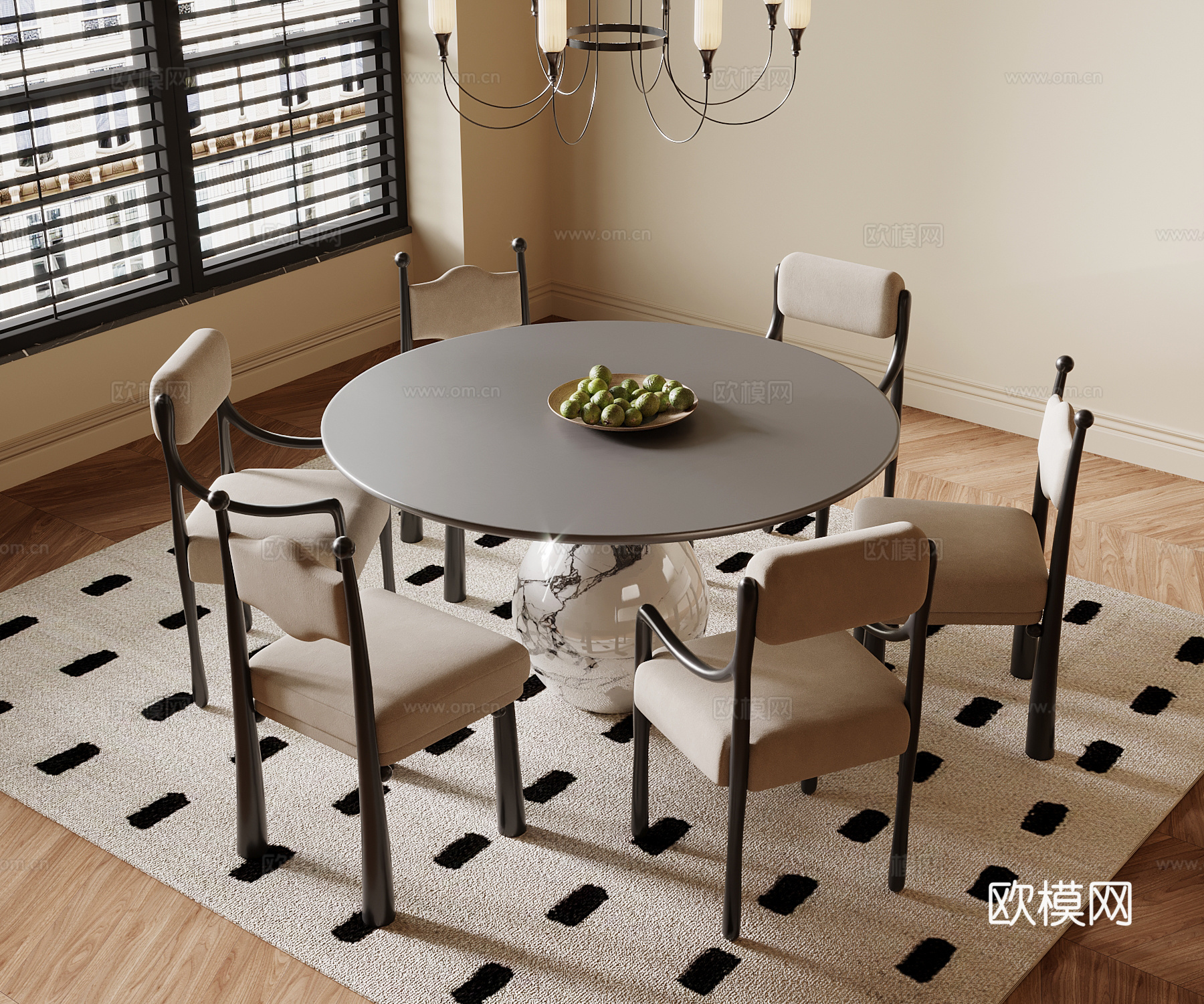 法式复古风餐桌椅 圆形餐桌 吊灯su模型