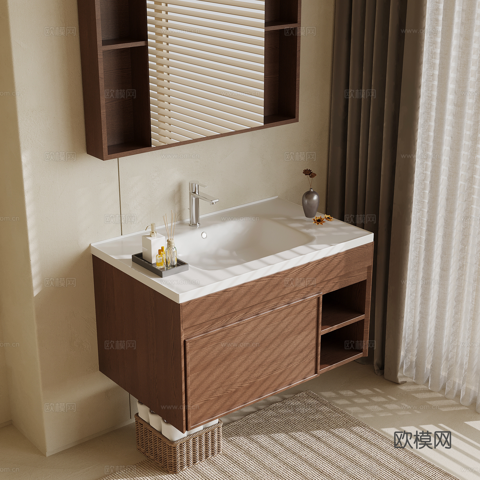 中古风浴室柜 洗手台su模型