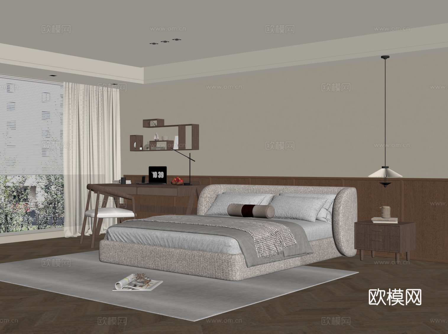 中古风卧室 双人床 书桌椅su模型