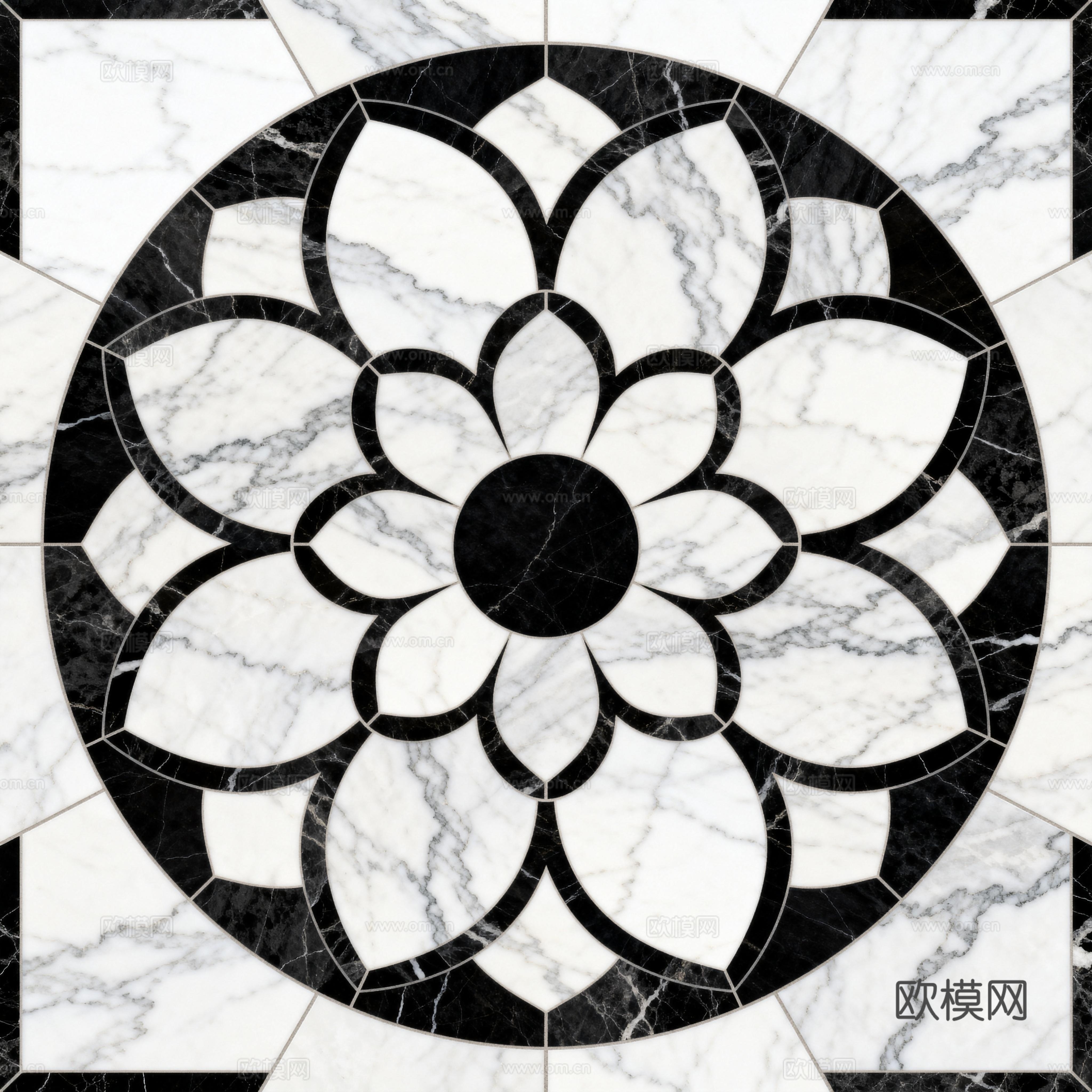 轻奢黑白拼花大理石 黑白石材圆形拼花 玄关圆形拼花下载