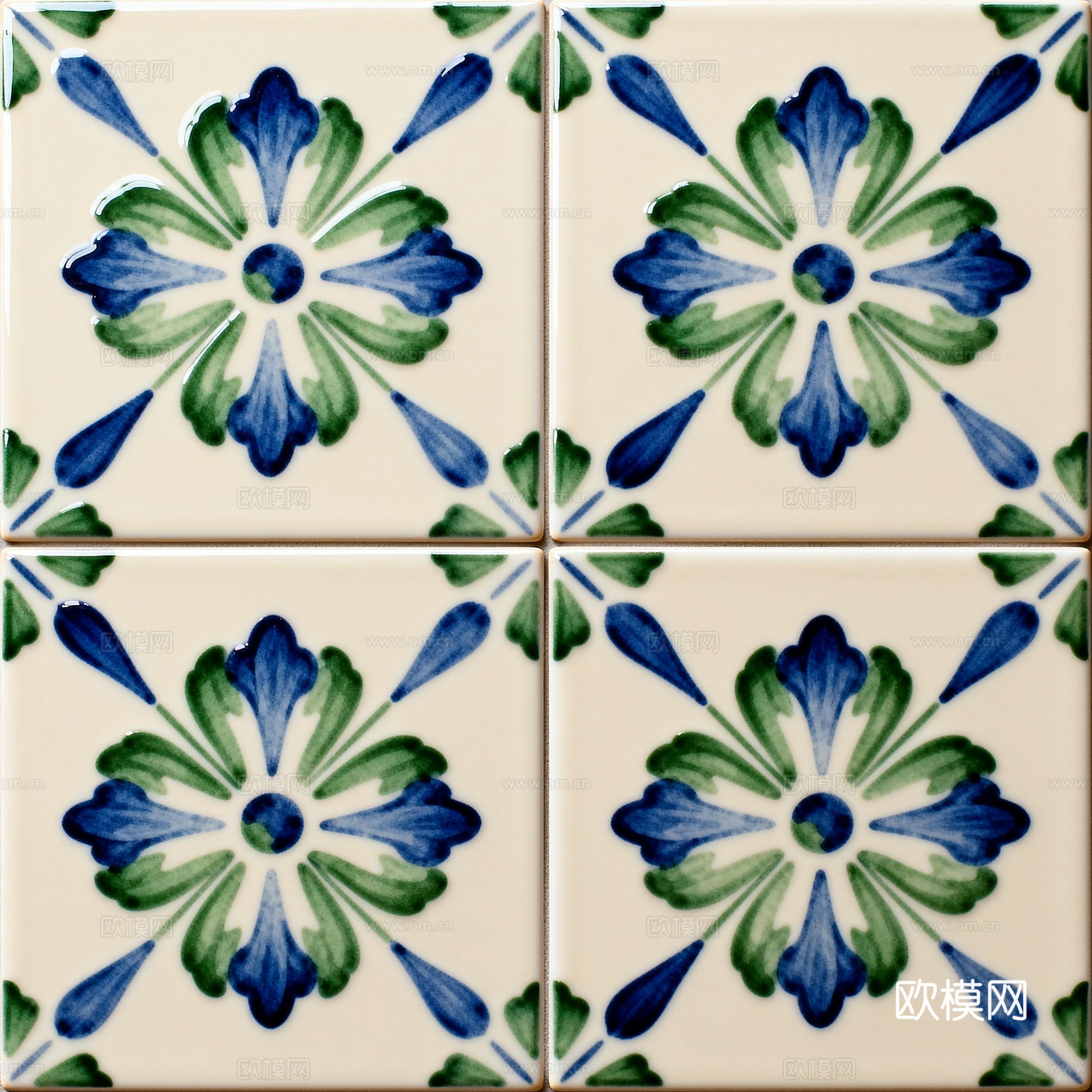 蓝绿色花砖 绿色手绘艺术花砖 工艺砖 花纹图案花砖