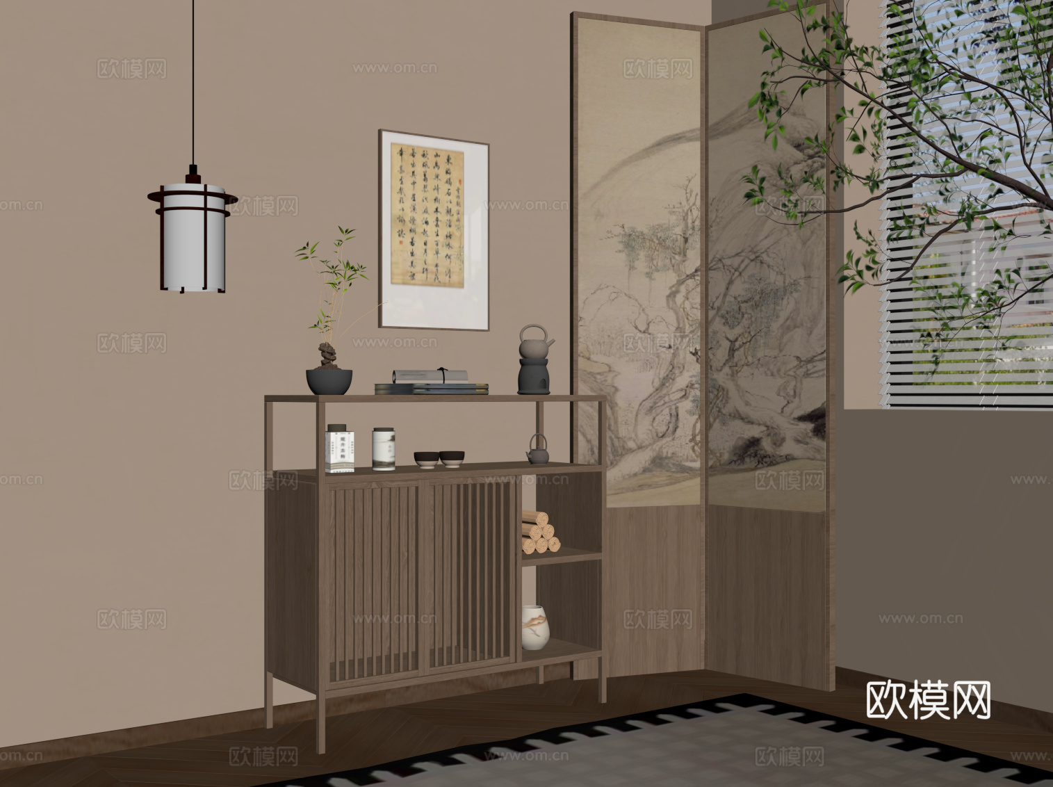 新中式茶水柜 边柜 玄关柜su模型