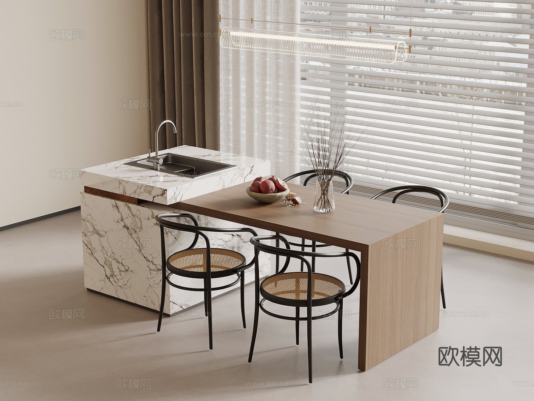 中古风岛台 餐桌椅su模型