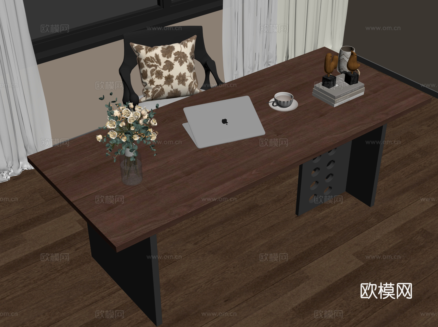 中古风书桌椅 办公桌椅su模型