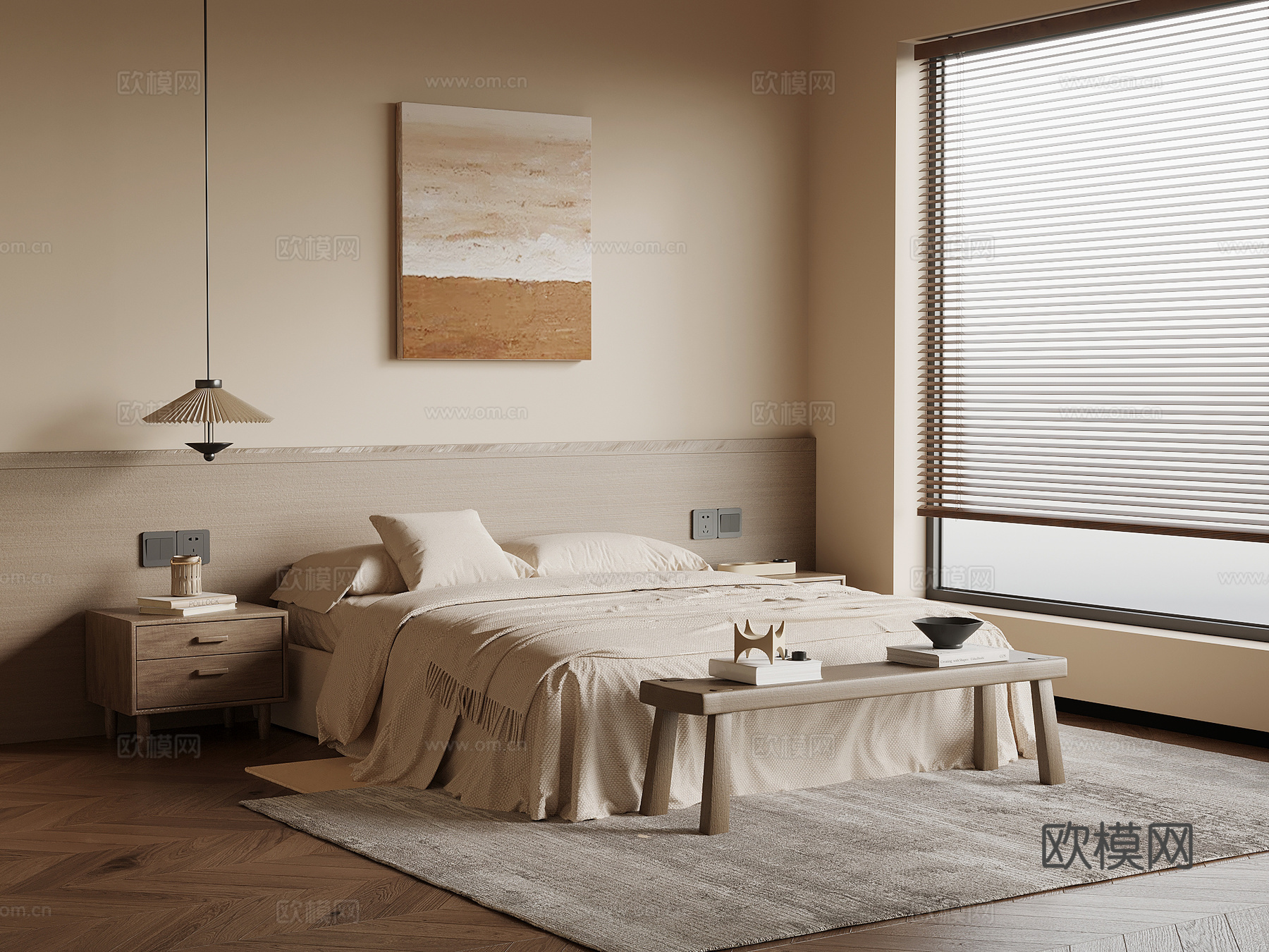 中古风卧室 双人床 墙裙 床头背景su模型