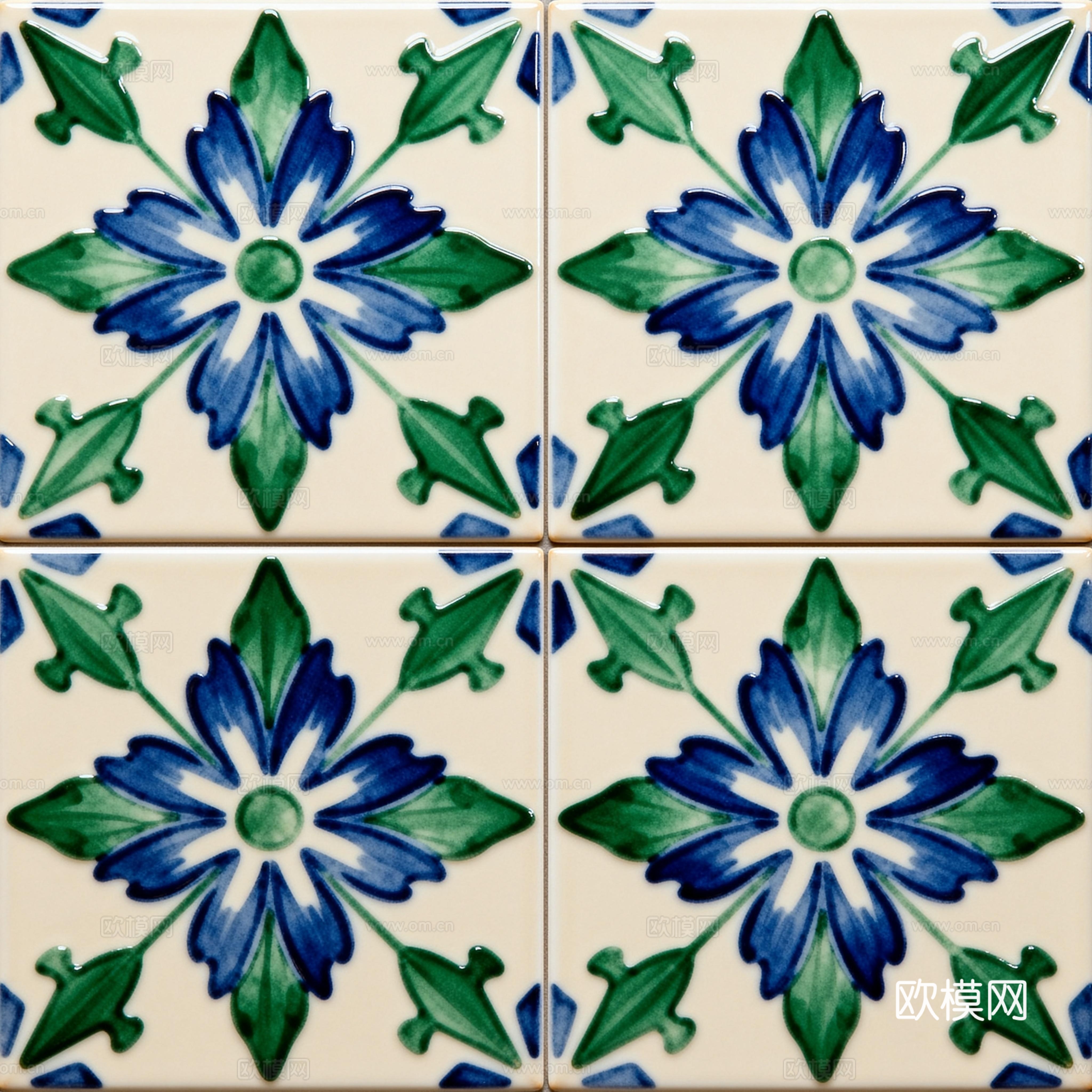 田园风 蓝绿色花砖 绿色手绘艺术花砖 工艺砖