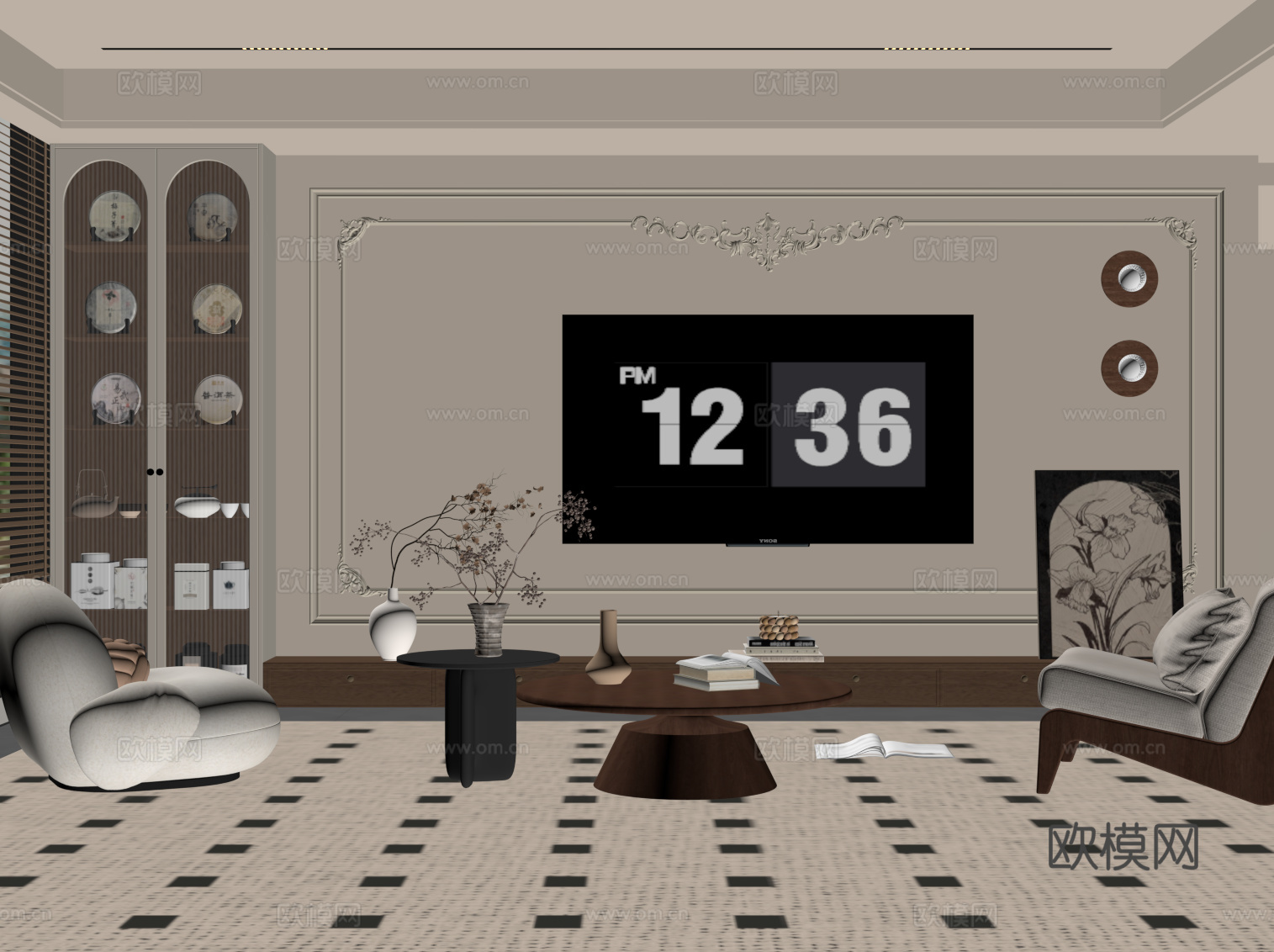 中古风客厅 电视背景墙 电视柜 沙发茶几组合su模型