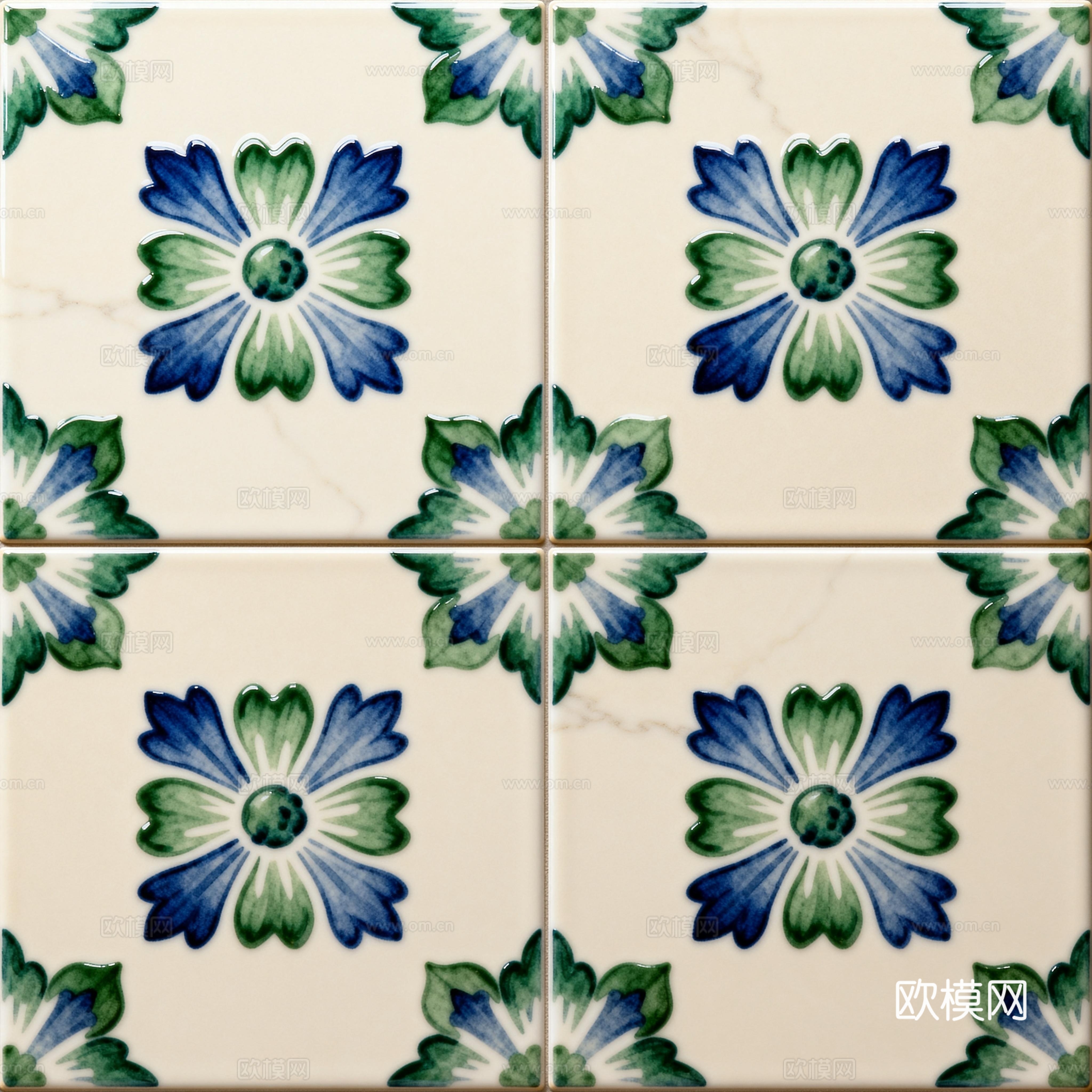 田园风 蓝绿色花砖 绿色手绘艺术花砖 工艺砖