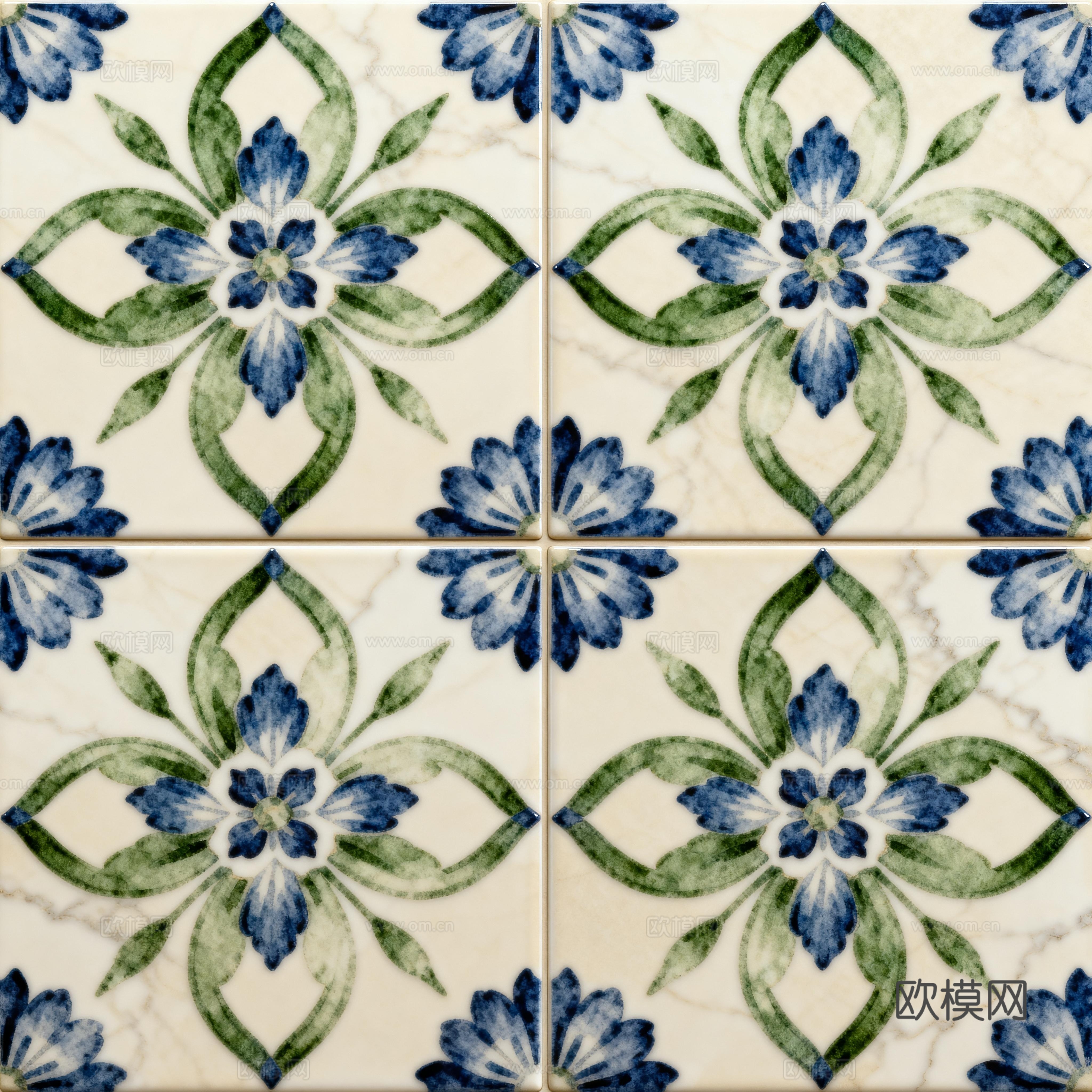 田园风 蓝绿色花砖 绿色手绘艺术花砖 工艺砖