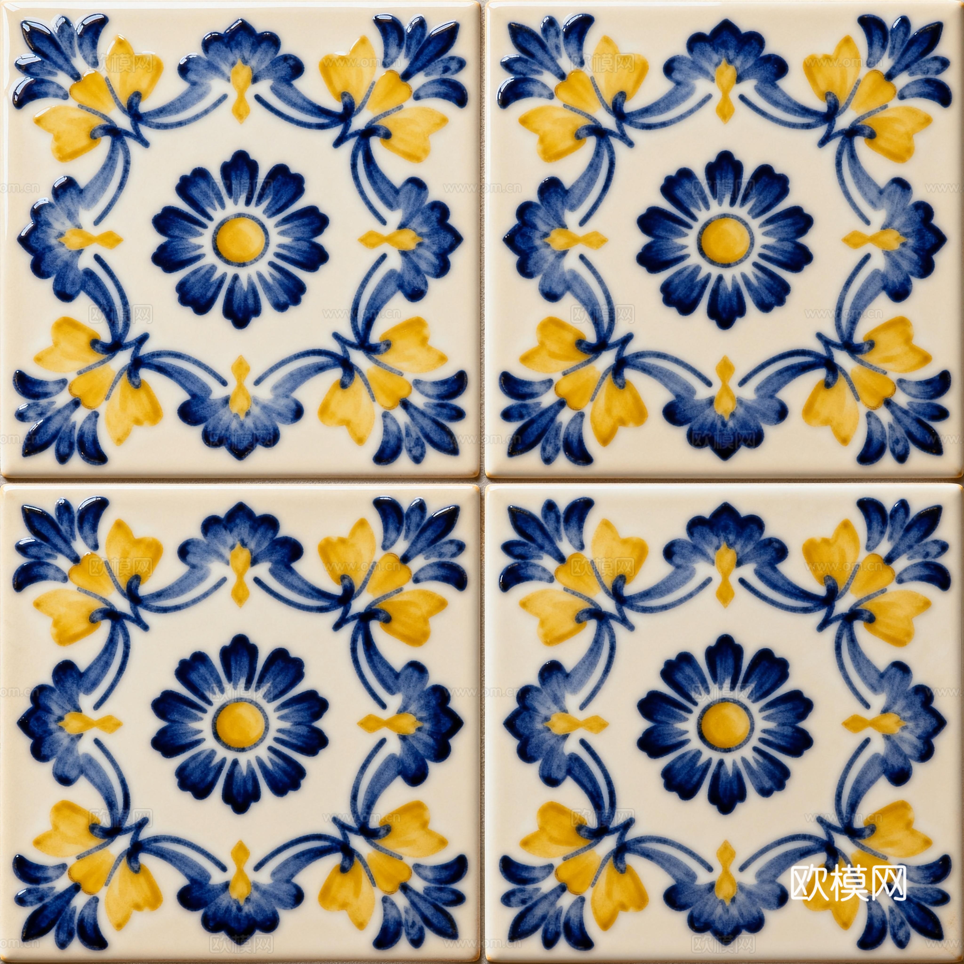 田园风 蓝黄米白色花砖 蓝黄手绘艺术花砖 工艺砖