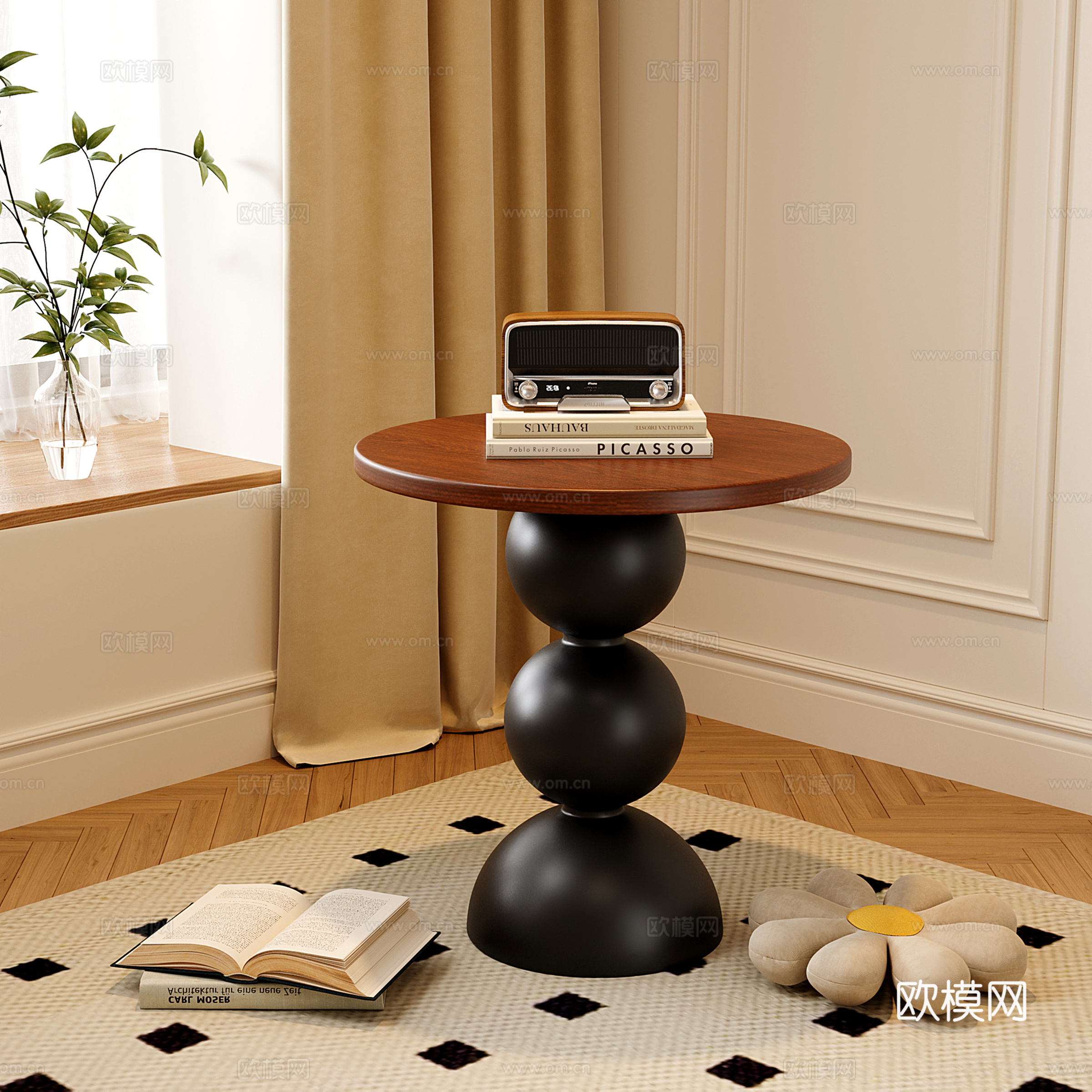 法式复古边几 小茶几 圆形茶桌su模型