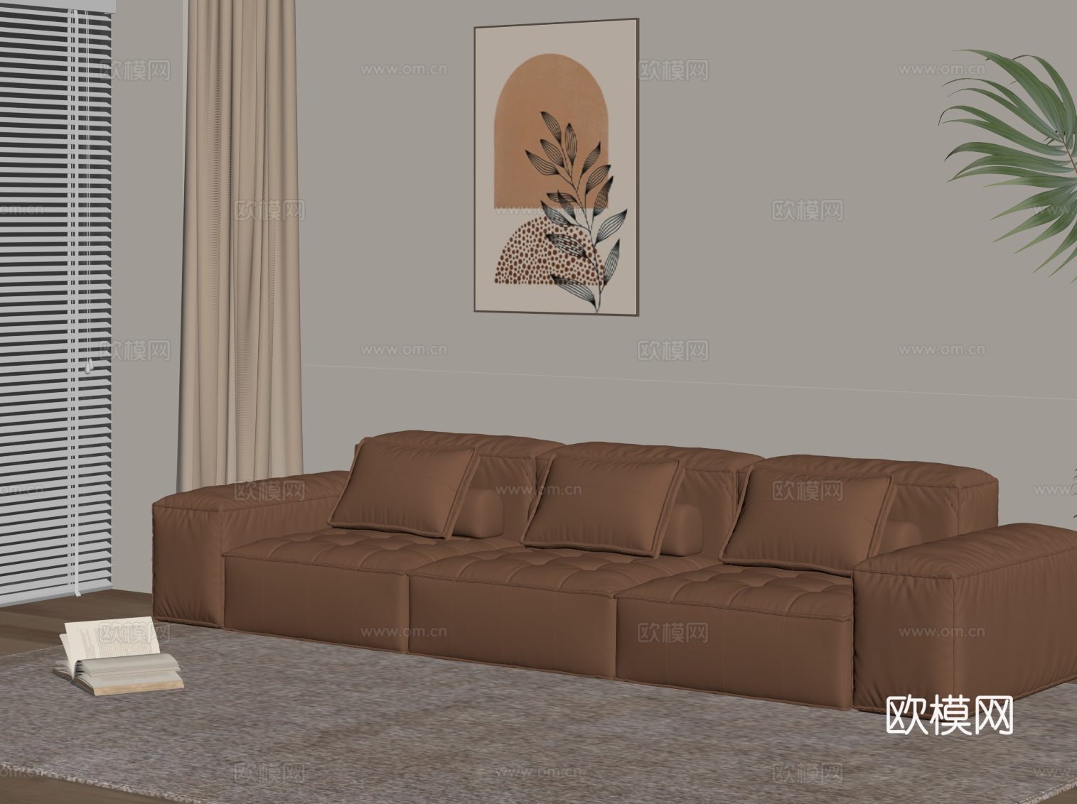 现代奶油风直排沙发 多人沙发 皮质沙发su模型