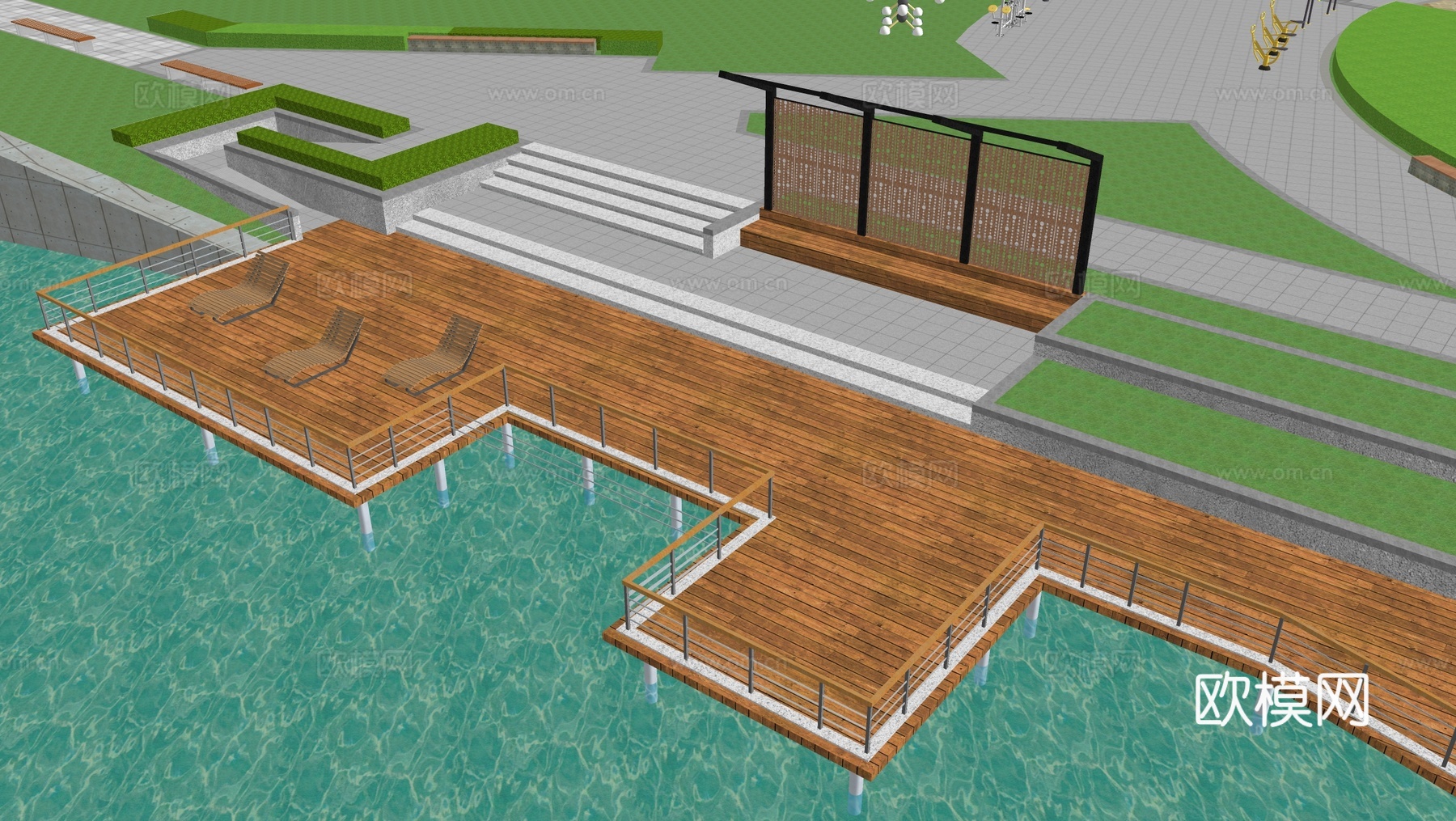 现代滨水景观 河岸景观 滨水景观公园 滨江栈道景观su模型