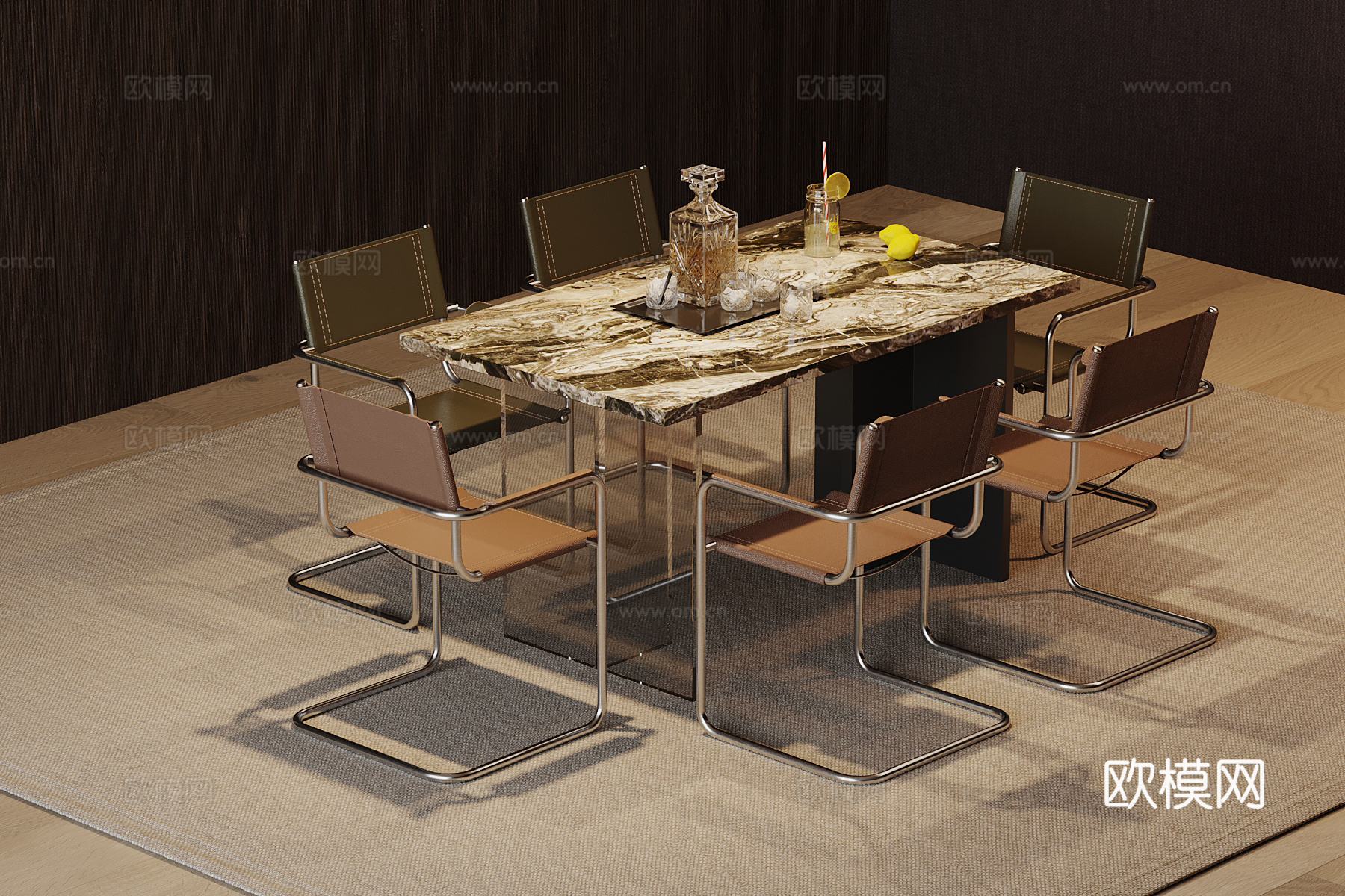 现代意式餐桌椅 意式极简餐桌su模型