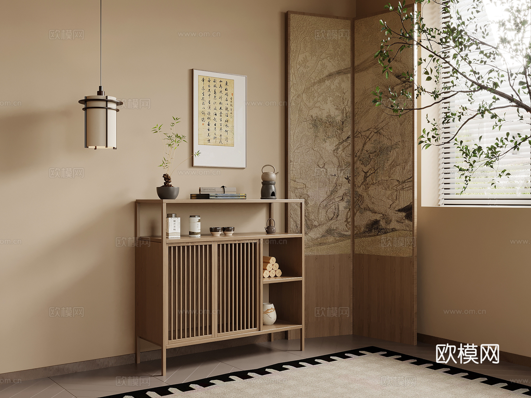 新中式茶水柜 边柜 玄关柜su模型