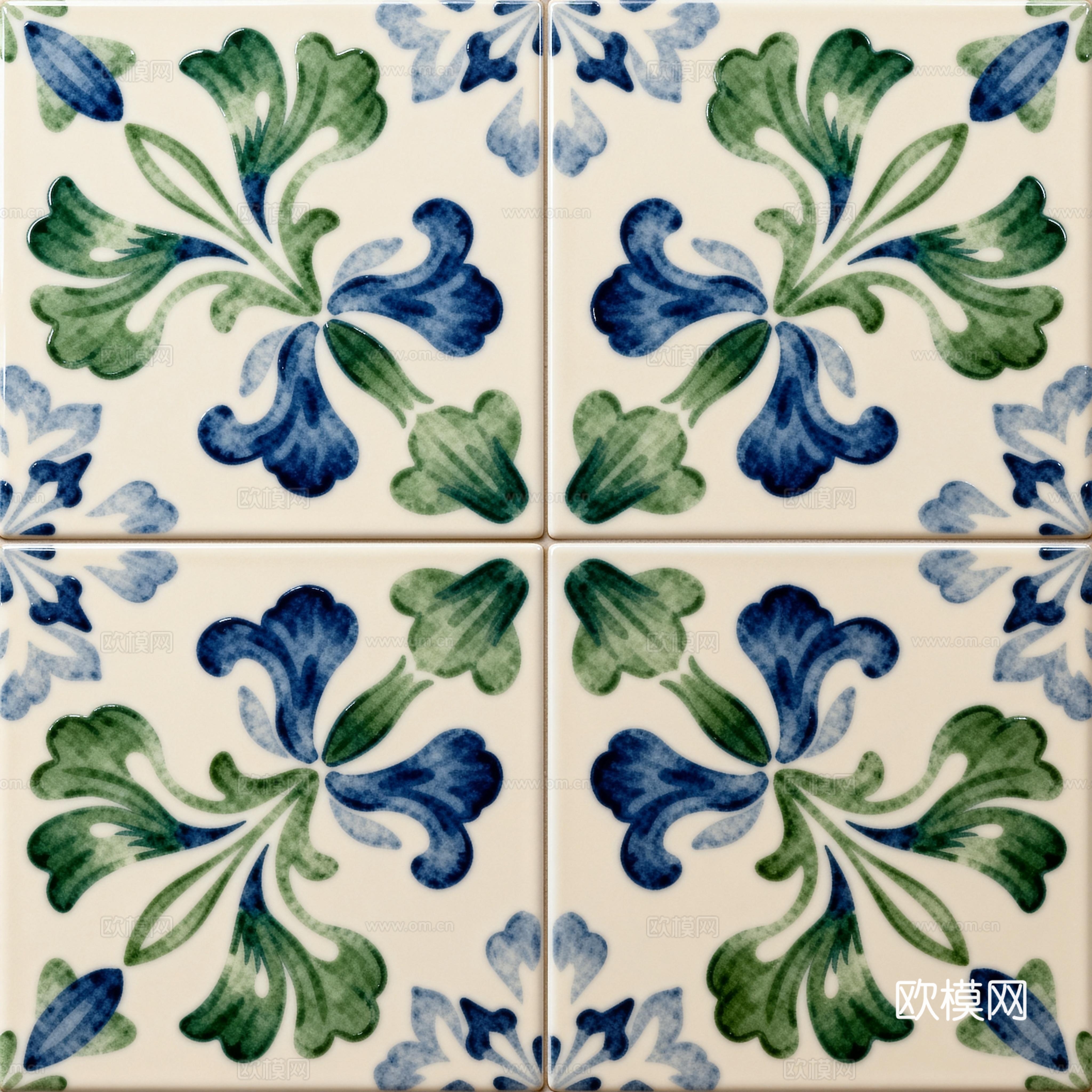 田园风 蓝绿色花砖 绿色手绘艺术花砖 工艺砖