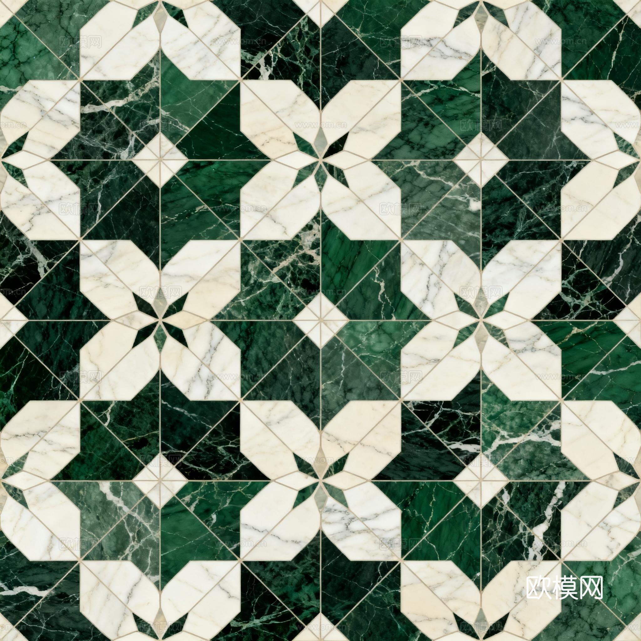绿白色石材拼花 格子几何图案水切刀拼花石材 绿色石材马赛克
